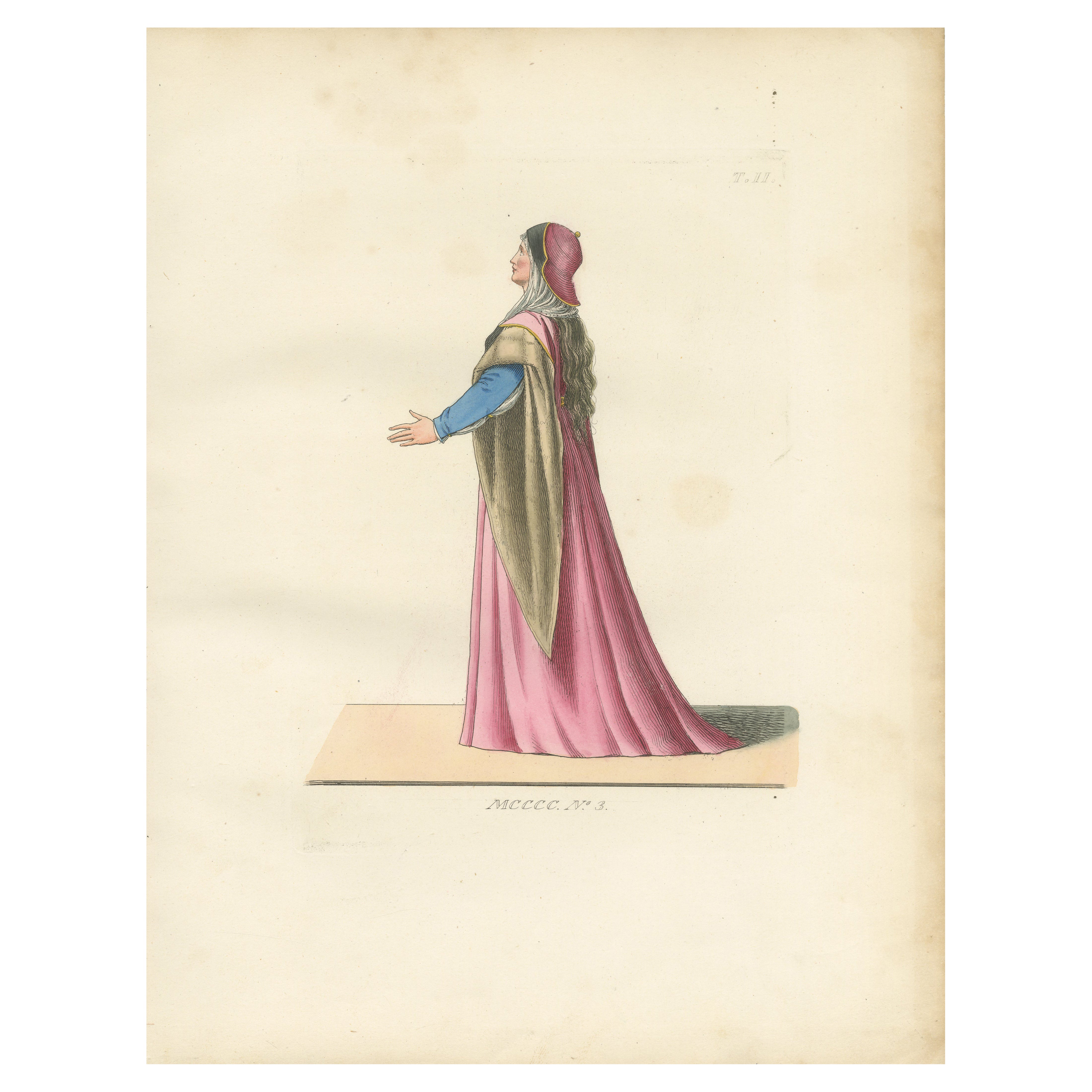 Antique 1845 Hand-Colored Print of a Medieval Woman in Pink and Gold Cape