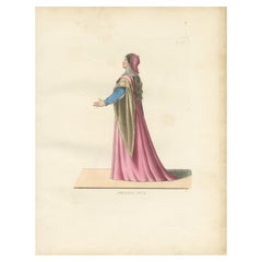 Antique 1845 Hand-Colored Print of a Medieval Woman in Pink and Gold Cape