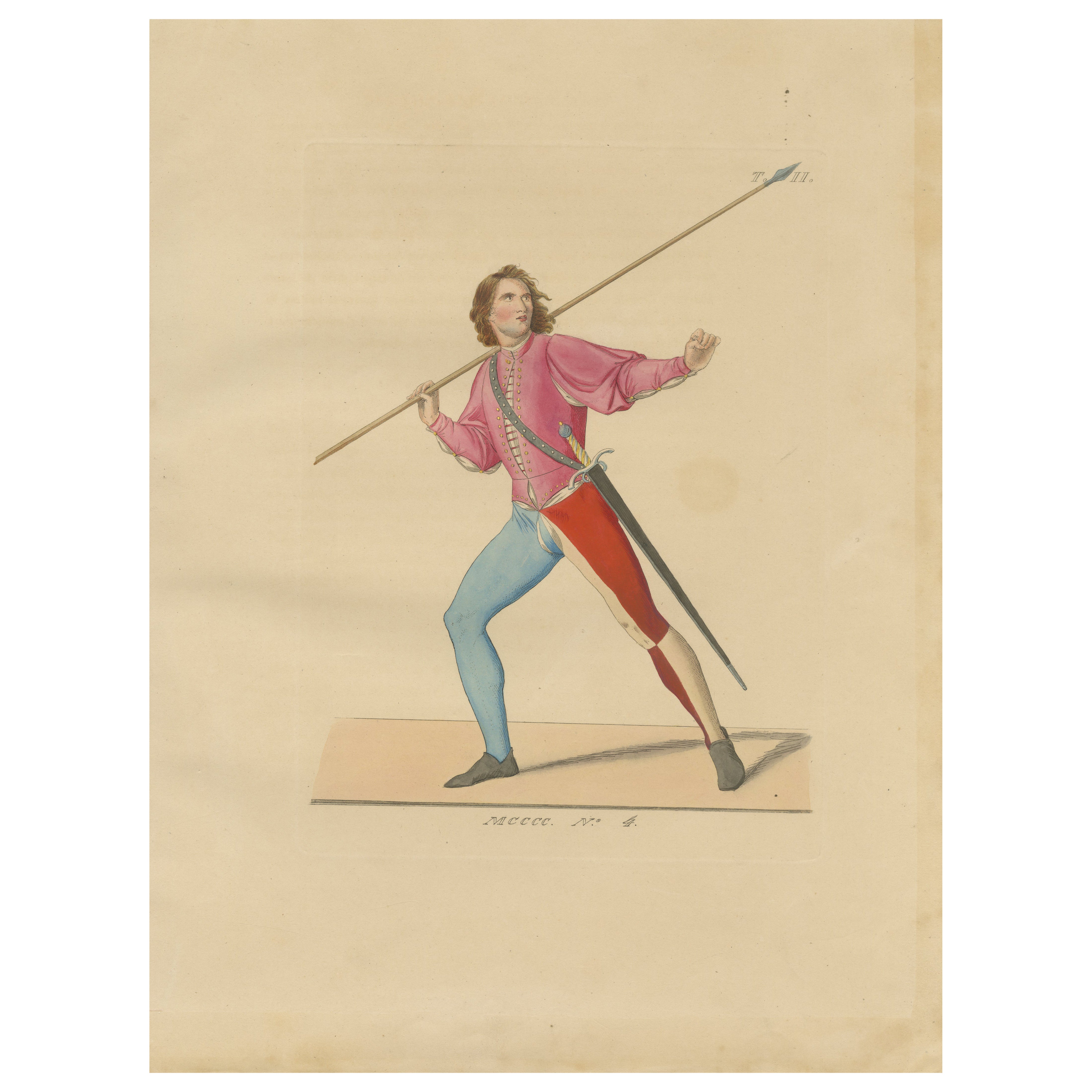 Antique 1845 Hand-Colored Print of Medieval Spearman in Colorful Tunic & Tights