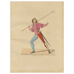 Antique 1845 Hand-Colored Print of Medieval Spearman in Colorful Tunic & Tights