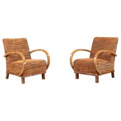 Straordinaria coppia di sedie da salotto Art Deco austriache in noce con nuovo tessuto Tiger