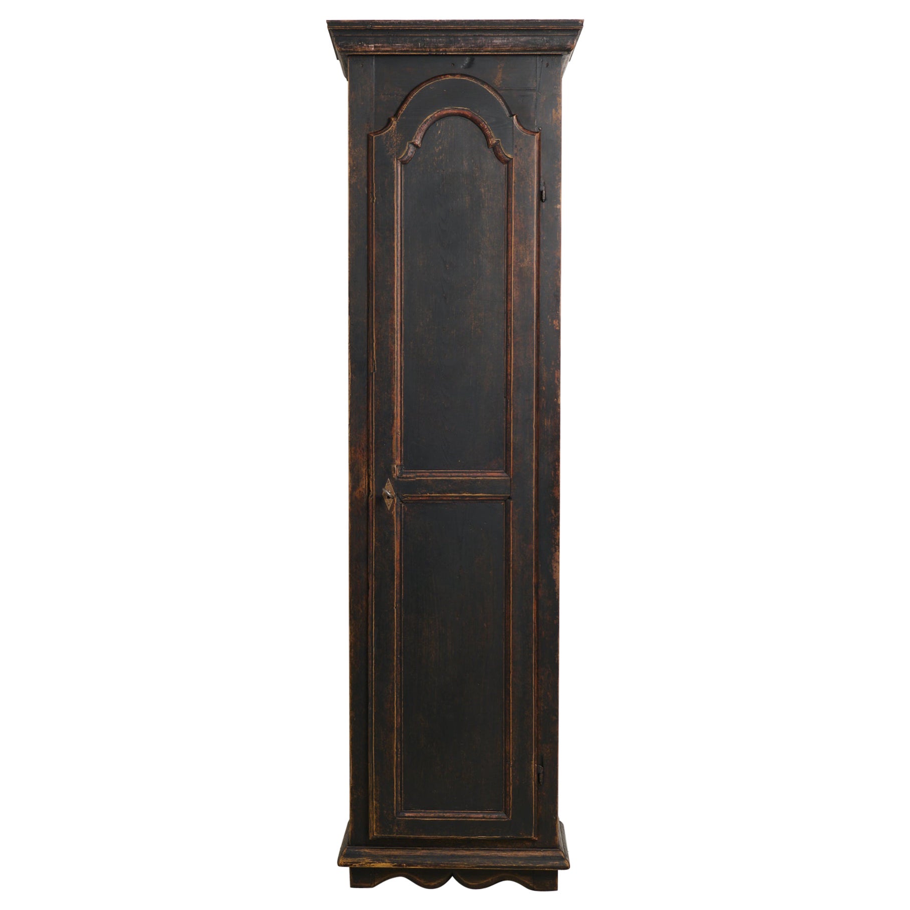 Antique Swedish Narrow and Tall Cabinet with Shelves and Distressed Black Paint For Sale