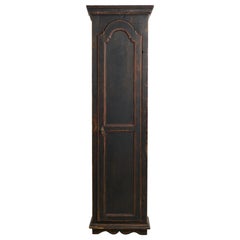 Antique Swedish Narrow and Tall Cabinet with Shelves and Distressed Black Paint