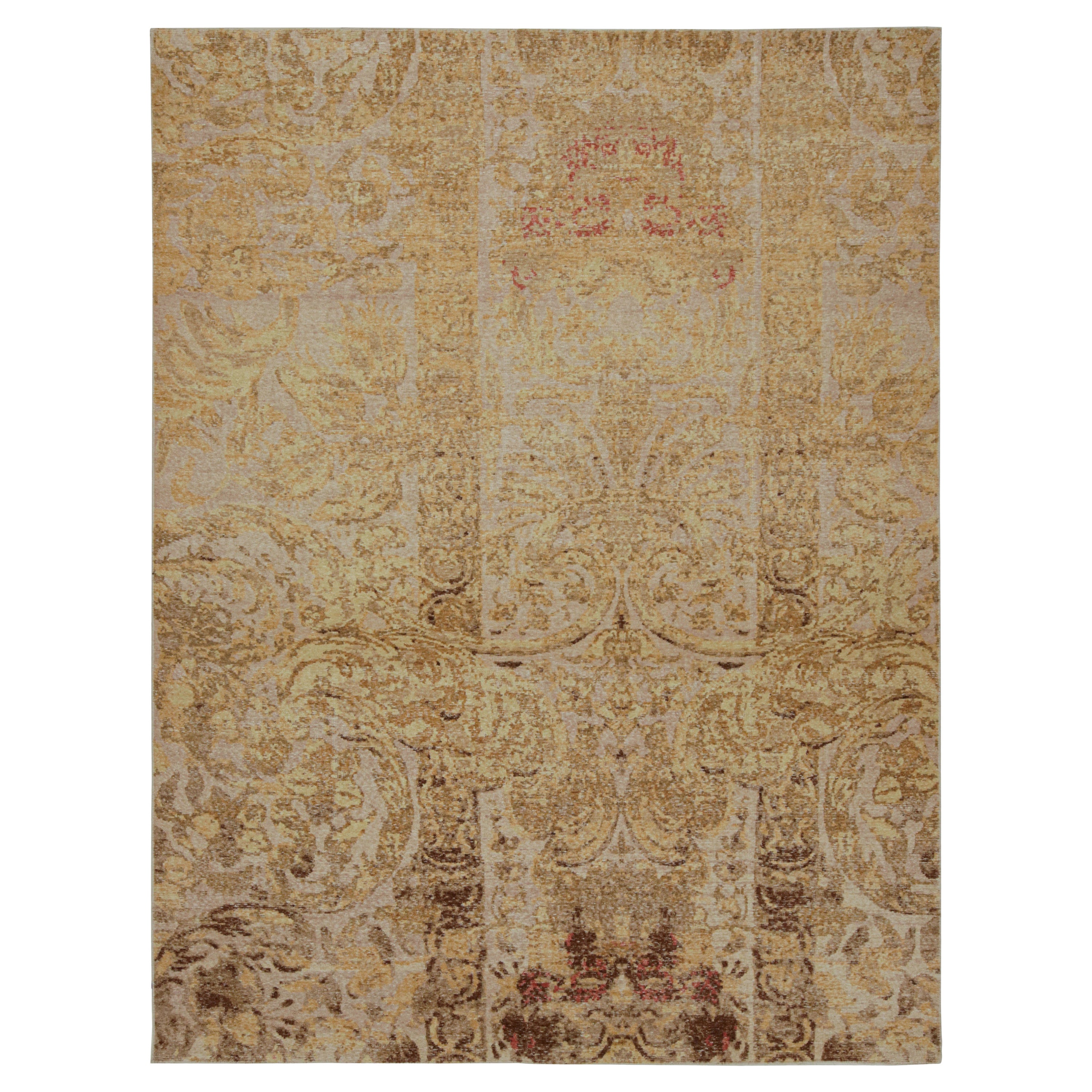 Rug & Kilim's Distressed European Rug In Beige-Brown & Gold Floral Pattern (tapis européen vieilli en beige, marron et or)
