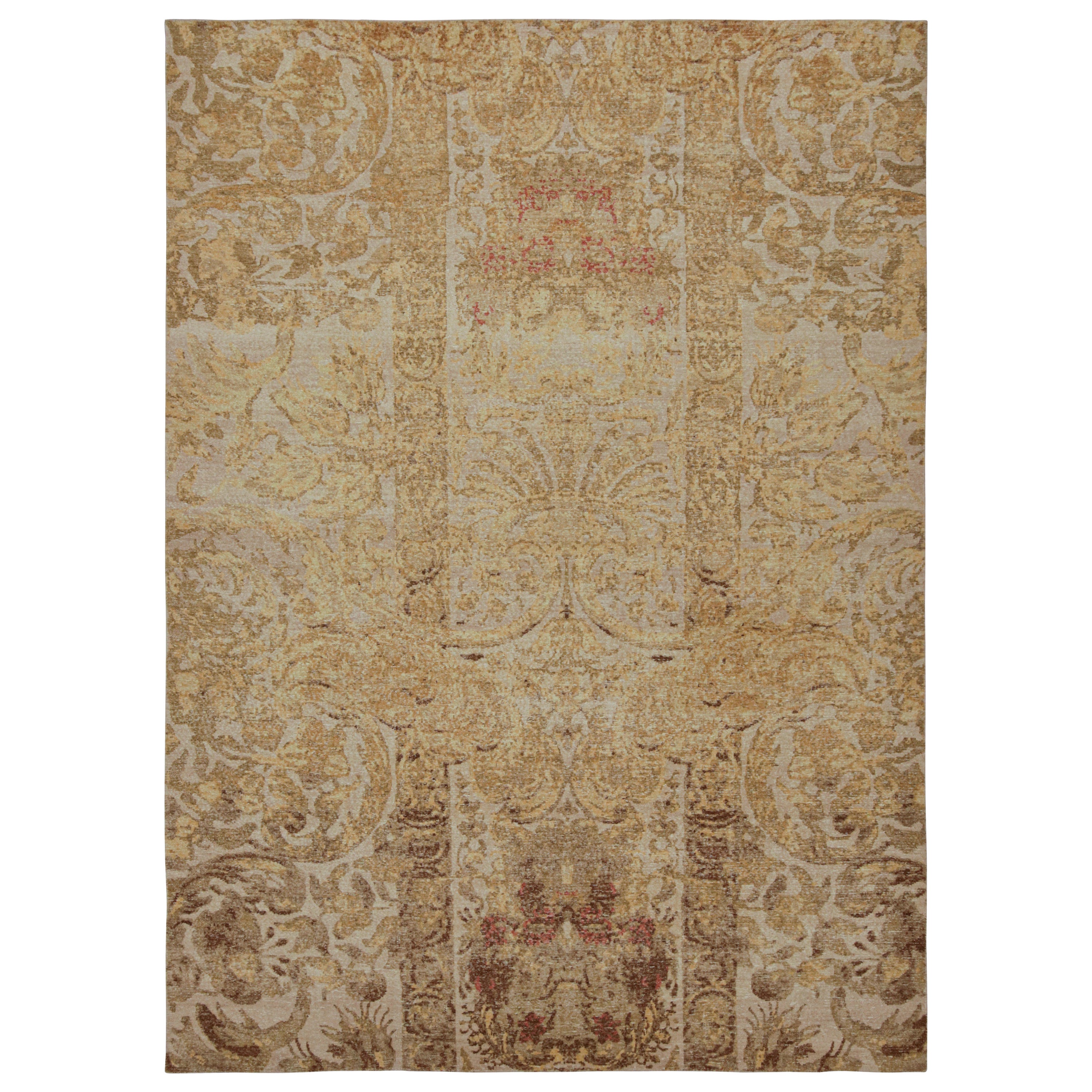 Rug & Kilim's Distressed European Rug In Beige-Brown & Gold Floral Pattern (tapis européen vieilli en beige, marron et or) en vente