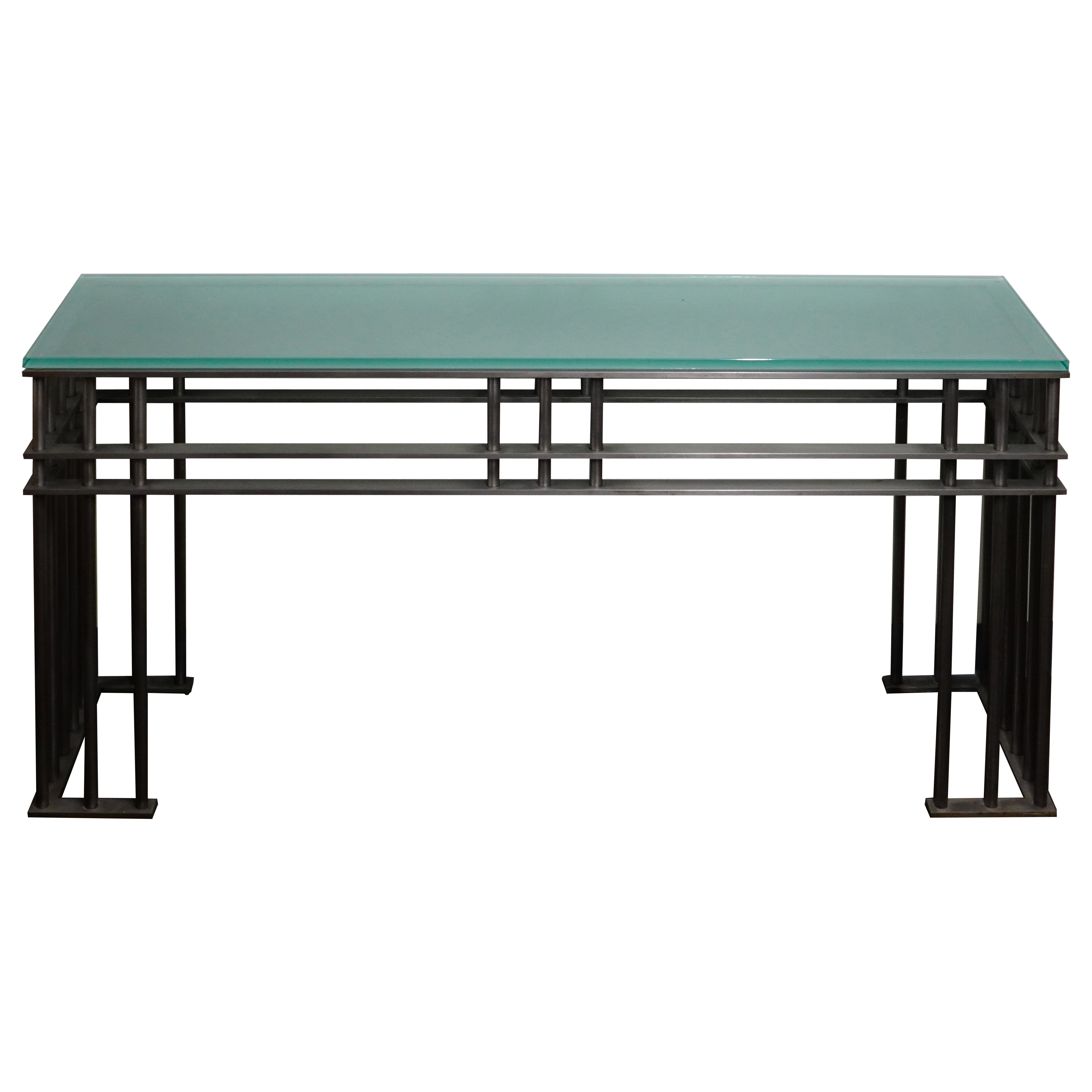 Post-Modern Steel and Glass Console Table in the manner of Jean-Michel Wilmotte For Sale