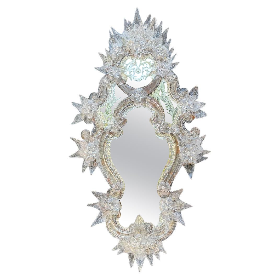 Venetian mirror with scalloped edges, made of colourless Murano glass, circa 188 For Sale