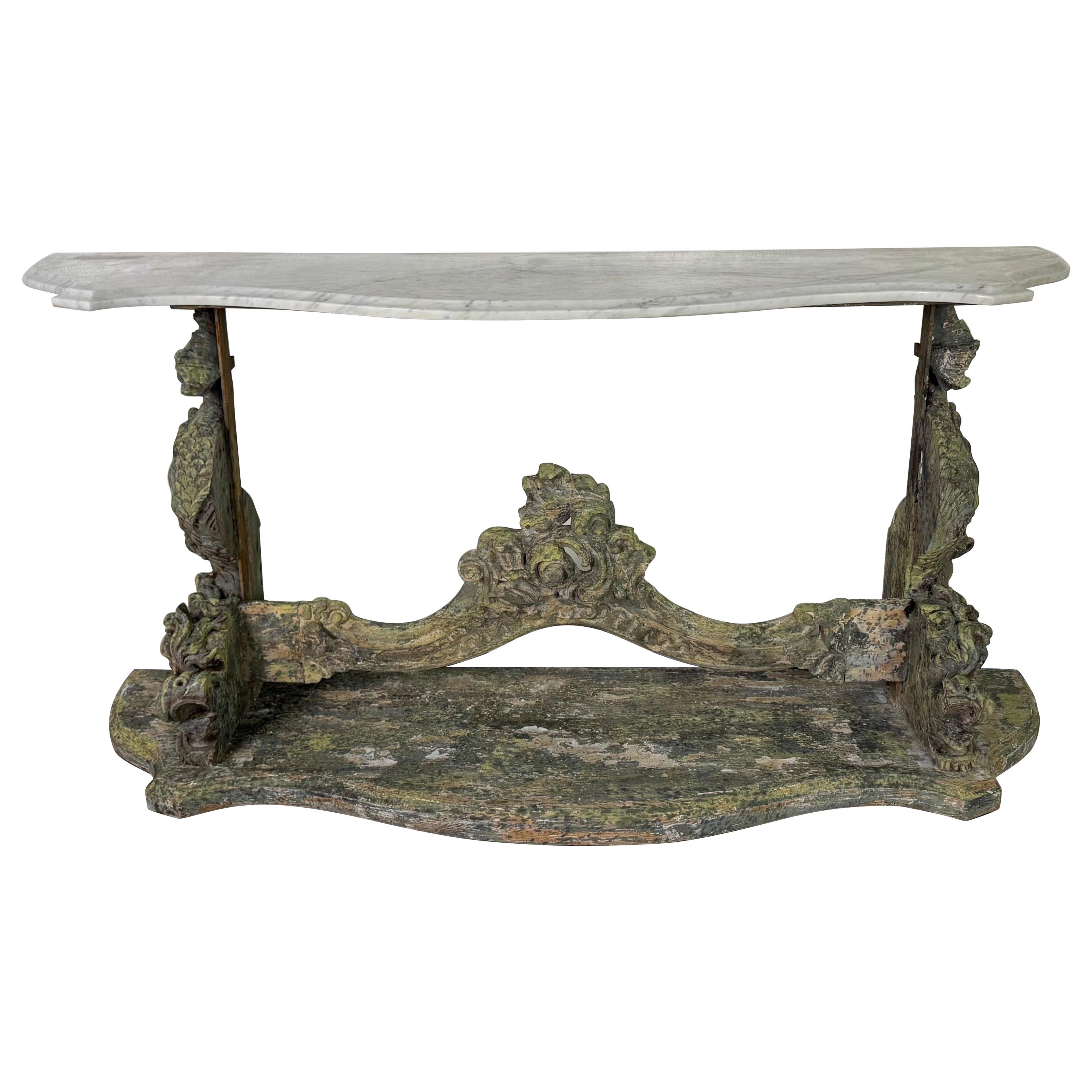 19th Century Italian Carved Console Table w/ Marble Top For Sale