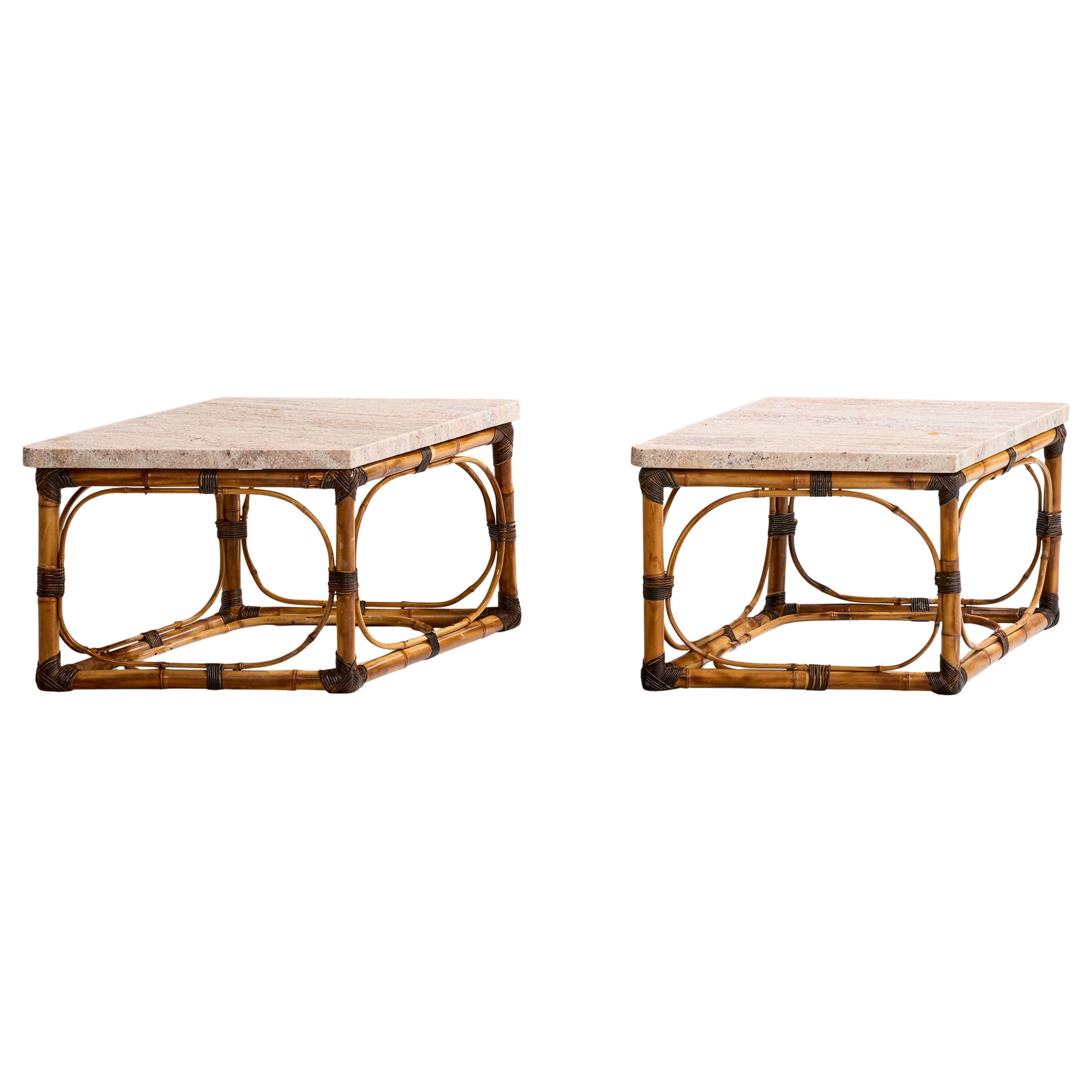 American Designer, Side Tables, Bamboo, Rattan, Marble, USA, 1950s