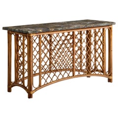 Diseñador americano, mesa consola, bambú, ratán, mármol, EE.UU., años 1960