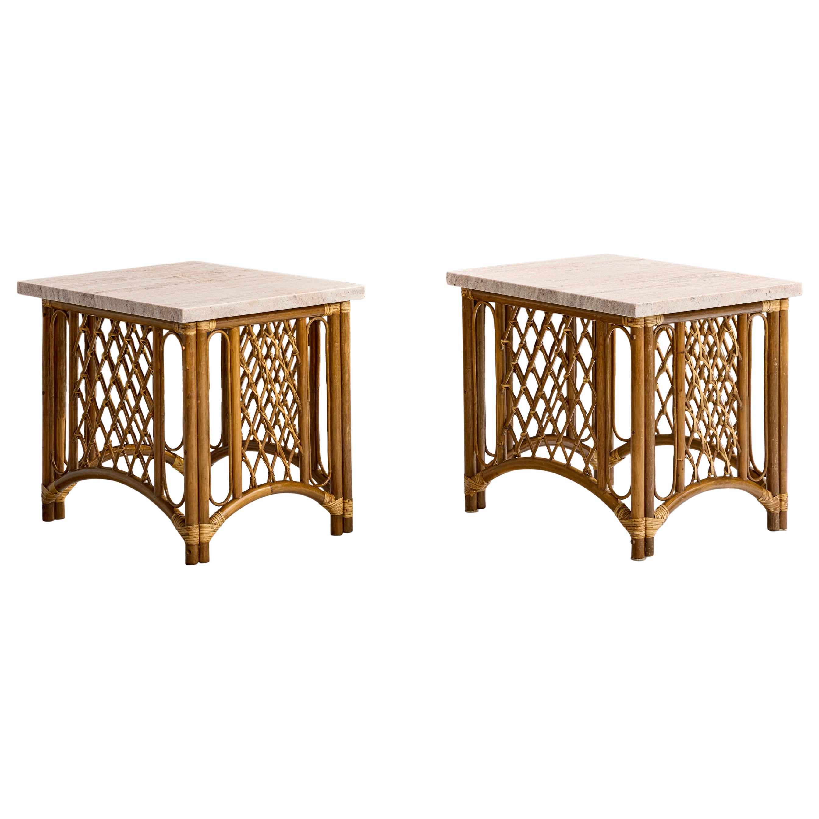 American Designer, Side Tables, Bamboo, Rattan, Marble, USA, 1960s For Sale