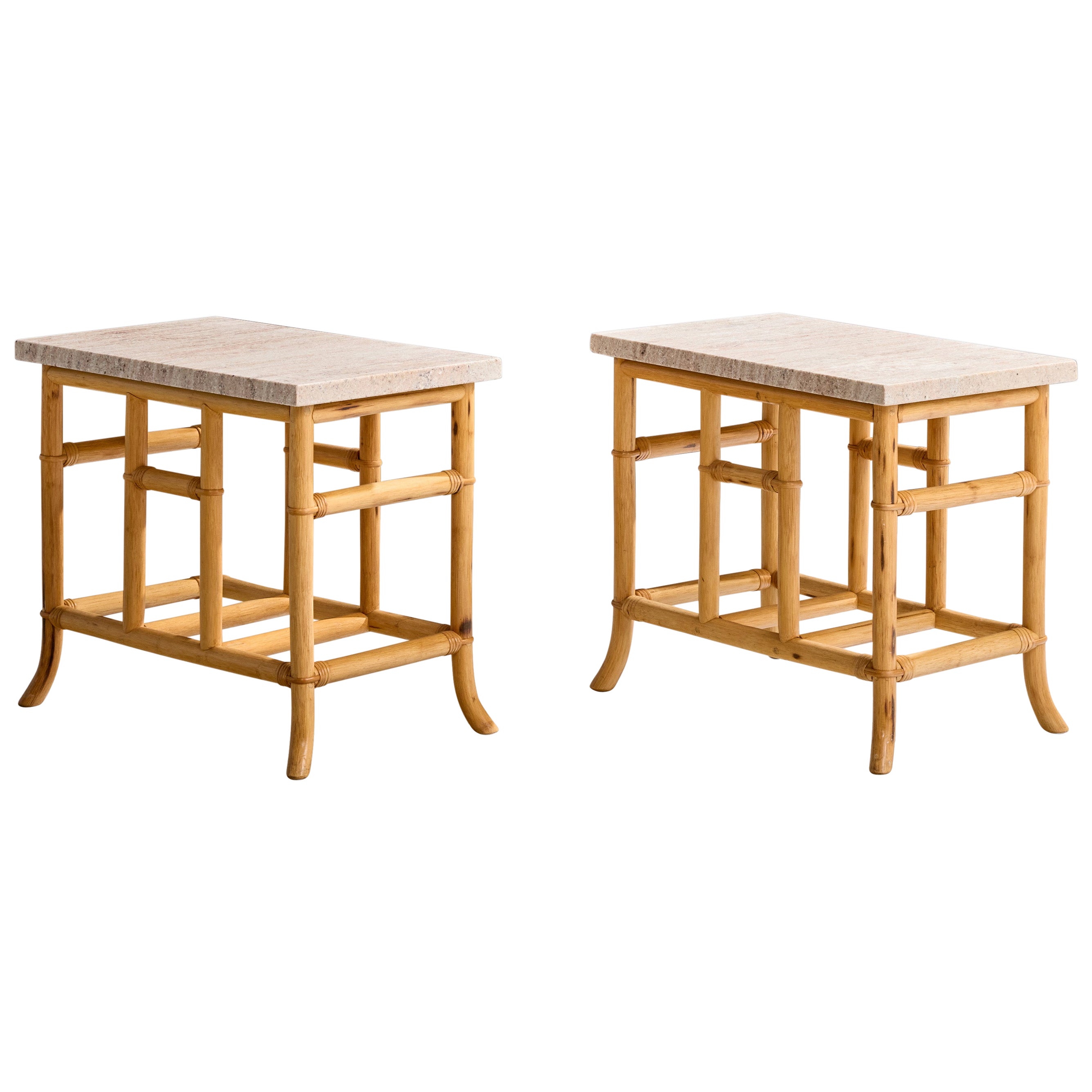American Designer, Side Tables, Bamboo, Rattan, Marble, USA, 1970s