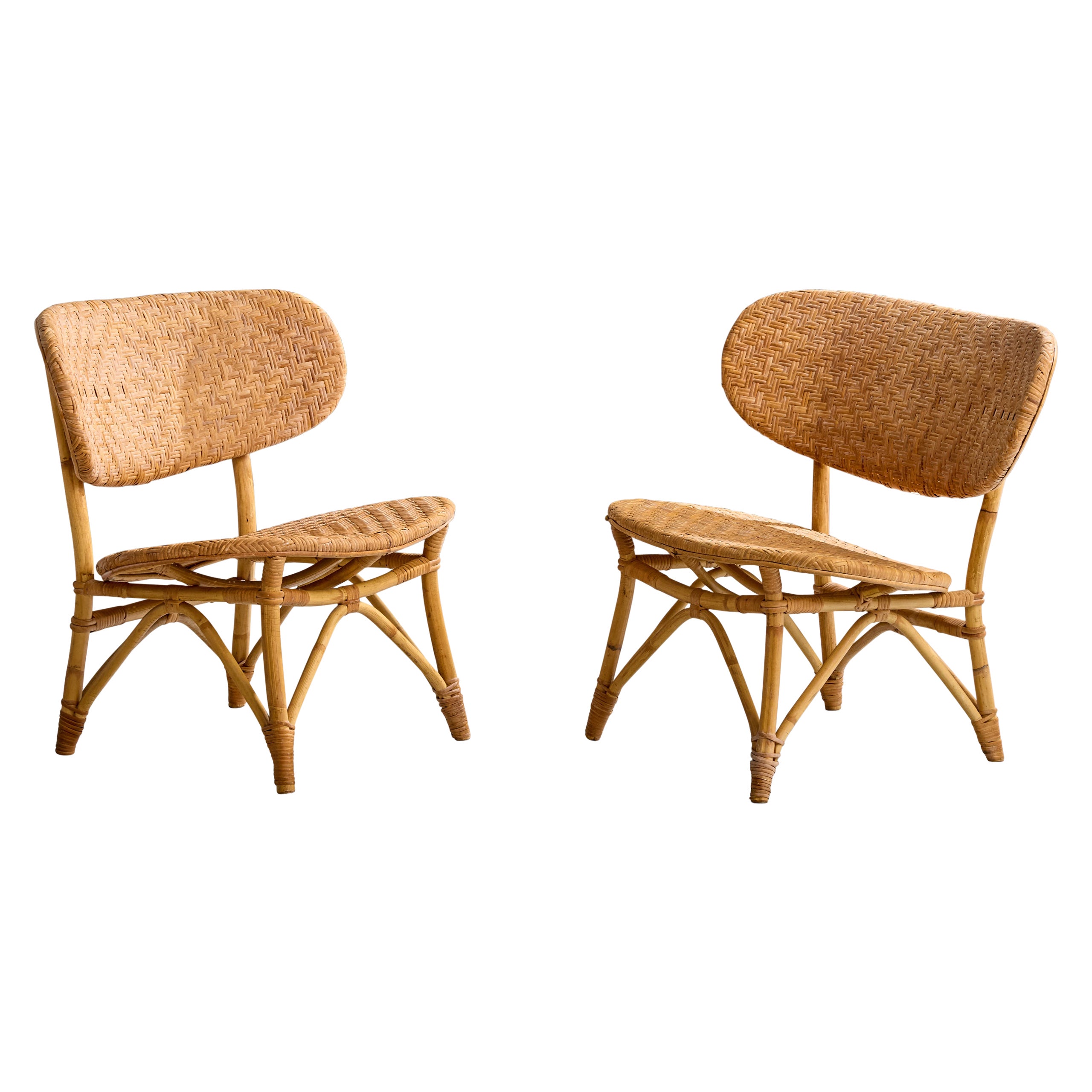 Tropikmöbler Ransta, Slipper Chairs, Bamboo, Rattan, Sweden, 1950s For Sale