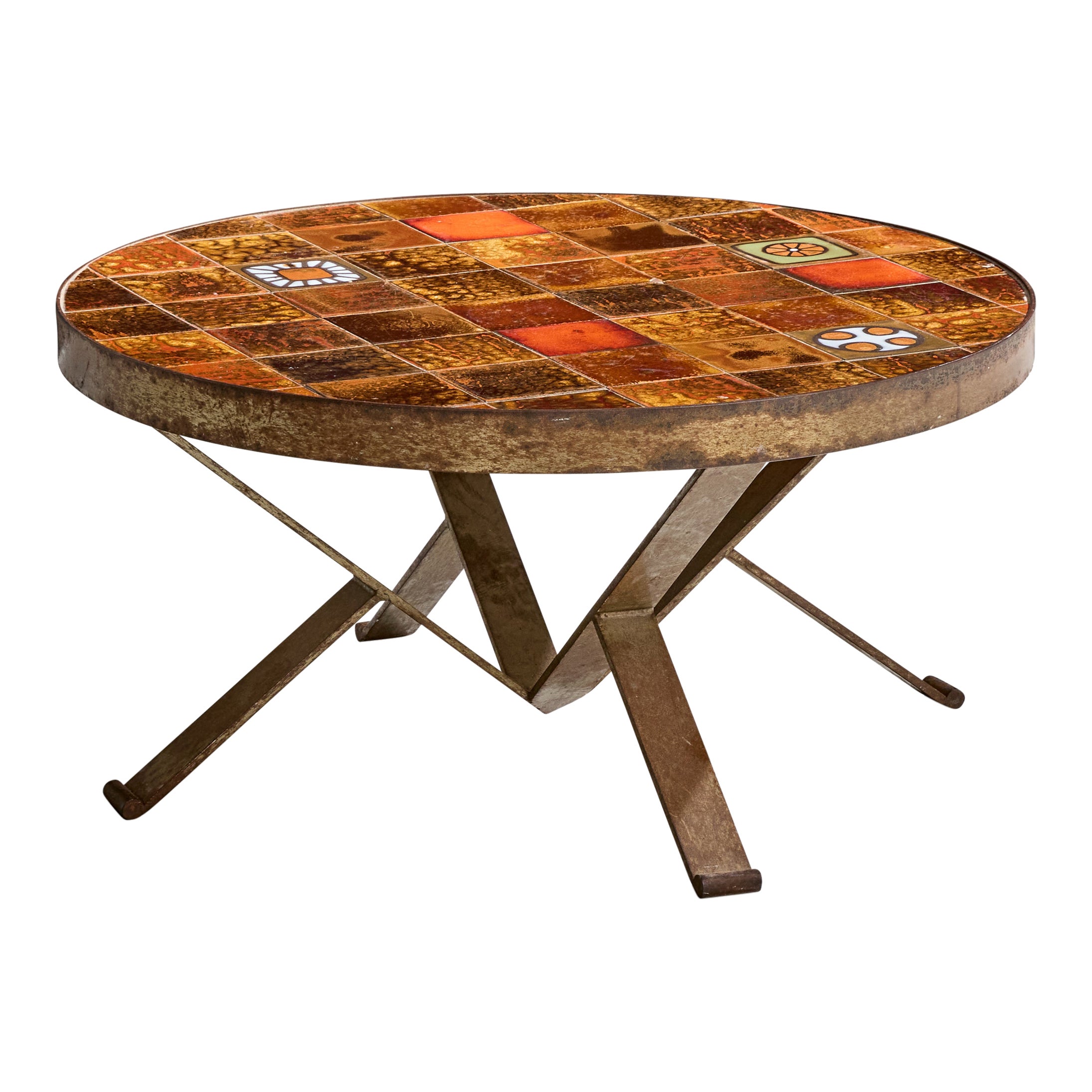 Table basse de designer français, céramique, fer, France, années 1950 en vente
