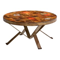 Table basse de designer français, céramique, fer, France, années 1950
