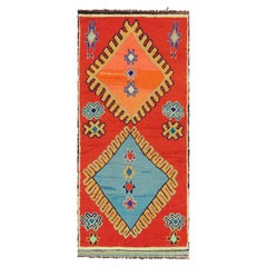 Vintage Moroccan Runner Rug, Red with Orange and Blue Medallions - Rug & Kilim