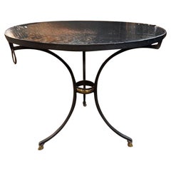 Antique French Maison Jansen Style Steel and Brass Table with Black Marble