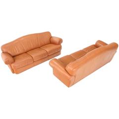 Pair of Tan Decorative Baseball Style Stitching Leather Sofas