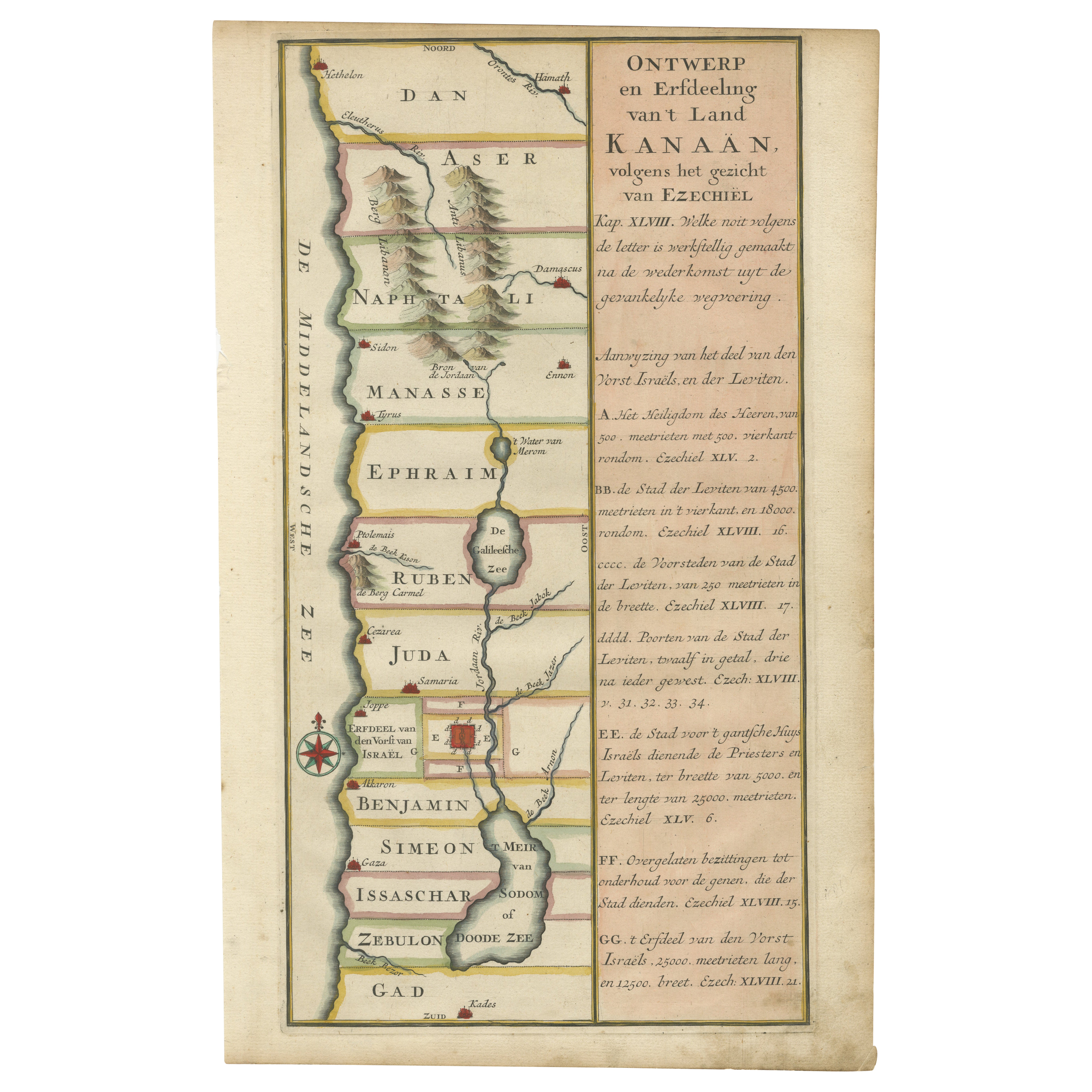 Hand-Colored Dutch Map of Ancient Israel Divided by the Twelve Tribes – c.1730 For Sale