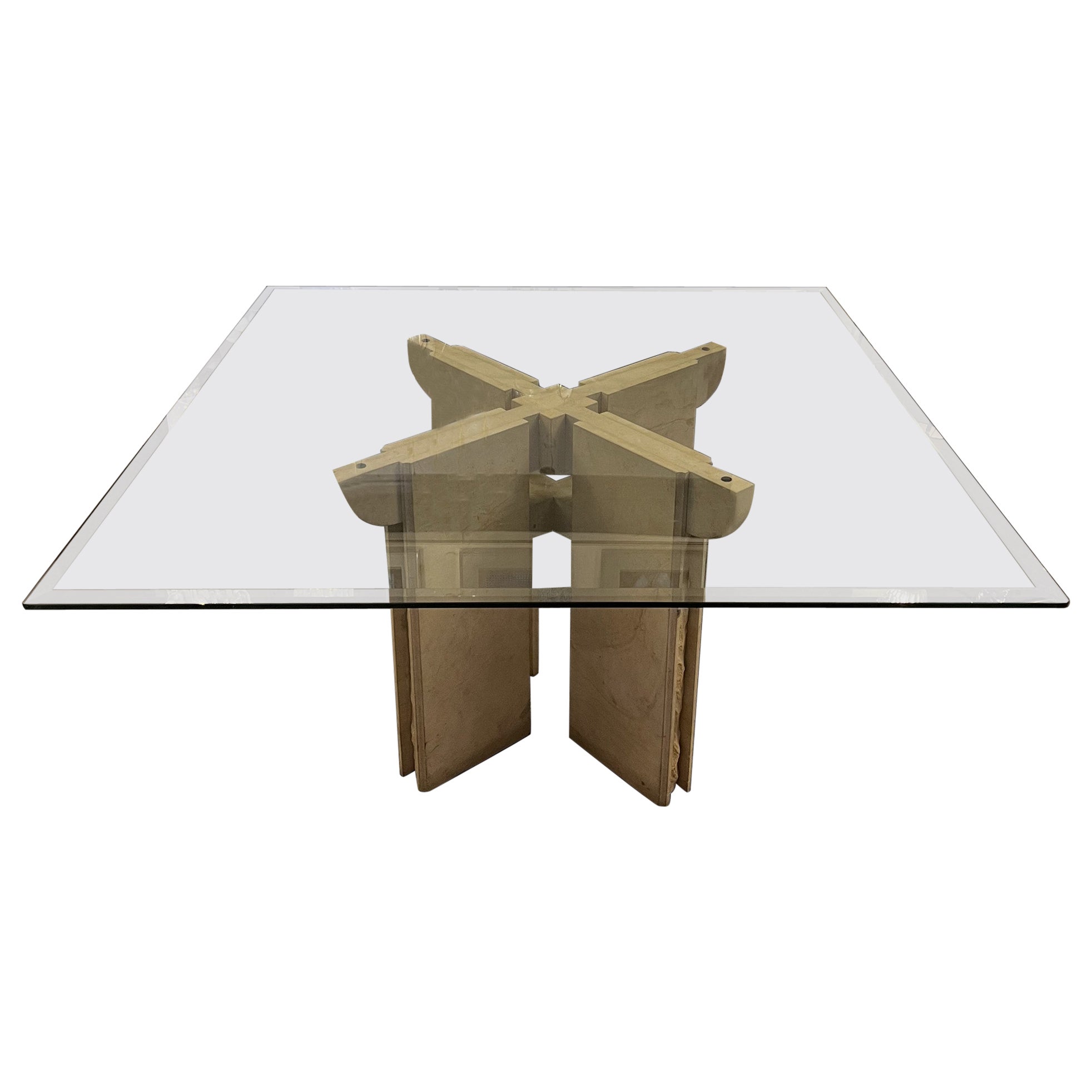 Dining Room Table in Travertine with Glass Top, Italy, 1970s For Sale