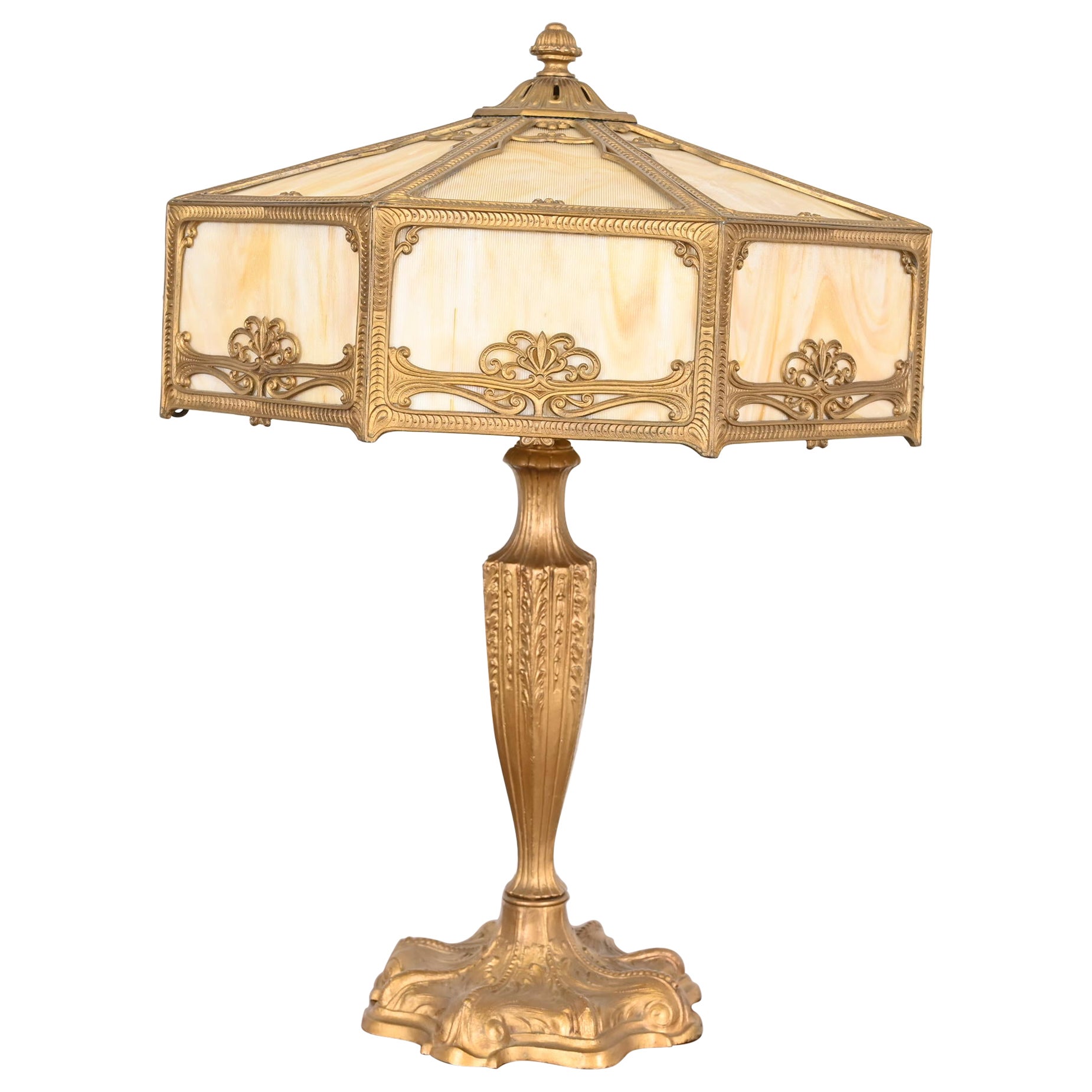 Antique Art Nouveau Slag Glass Table Lamp in the Manner of Handel, Circa 1910