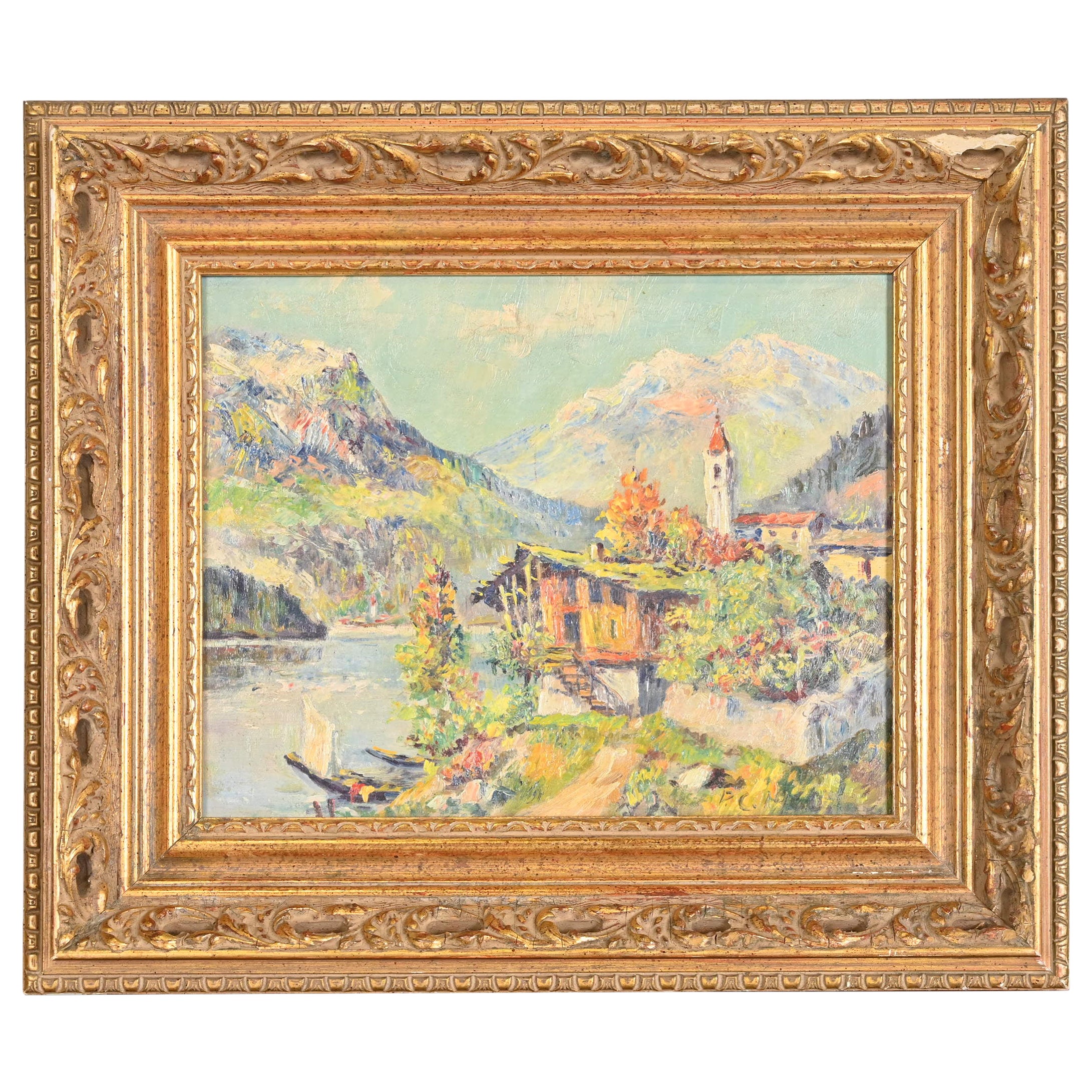 Original signiert Lakeside Mountain Landschaft Gemälde in geschnitzten Giltwood Frame