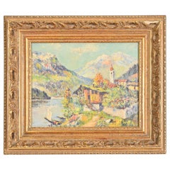Original signiert Lakeside Mountain Landschaft Gemälde in geschnitzten Giltwood Frame