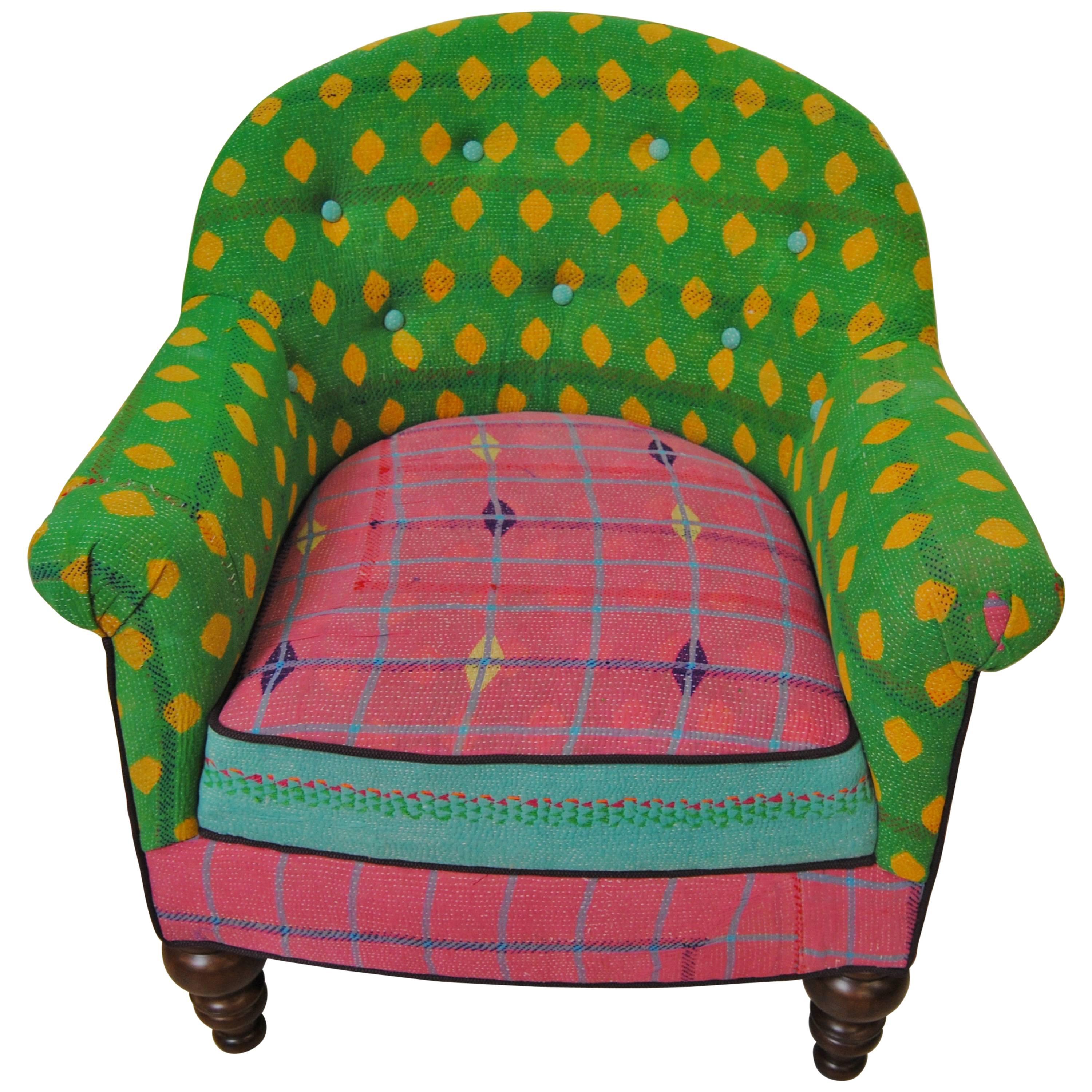 Vintage French Chair Newly Upholstered in Vintage Kantha Quilts from India