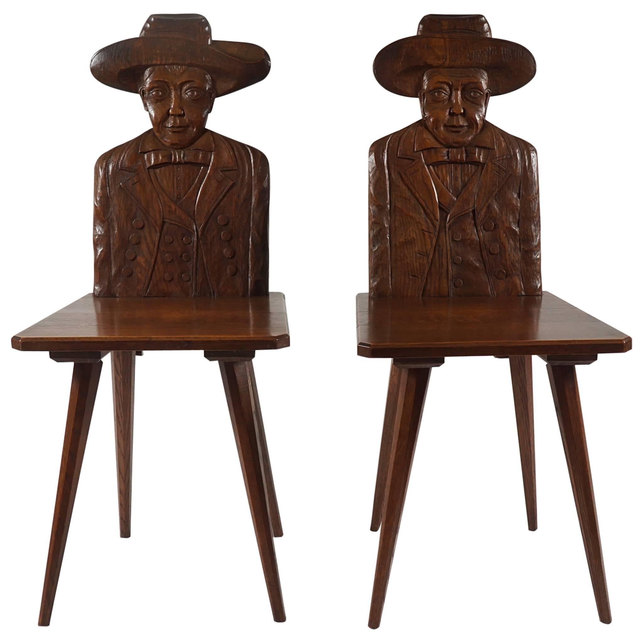 Exceptional Pair of Early French Modernist 'Cowboy' Hall Seats, circa 1920
