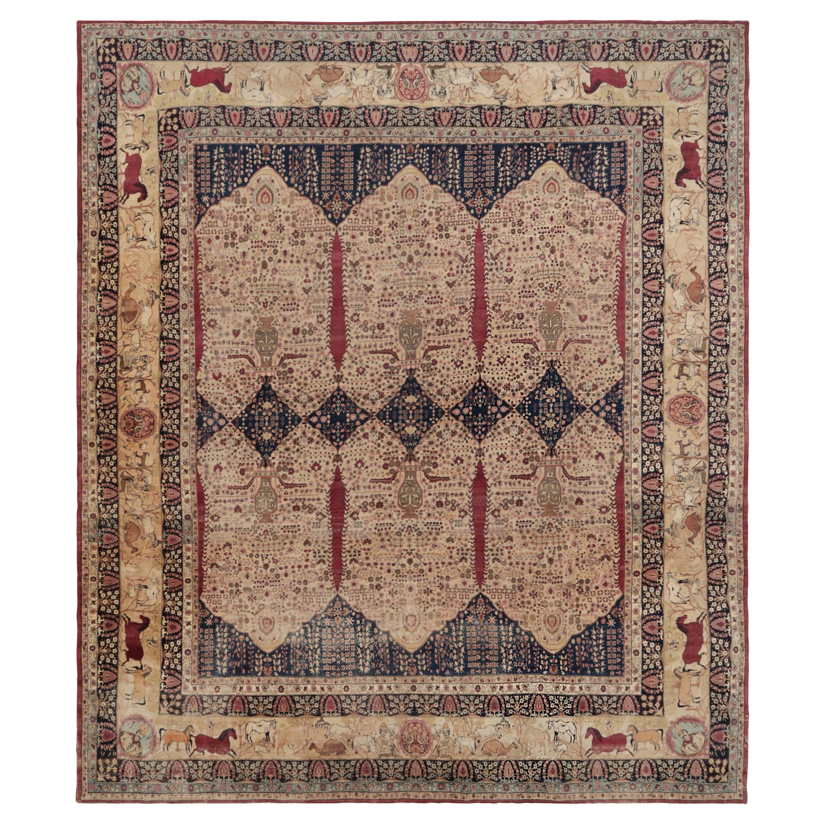Übergroßer antiker Kerman Perserteppich, Beige mit floralen Mustern - Rug & Kilim im Angebot