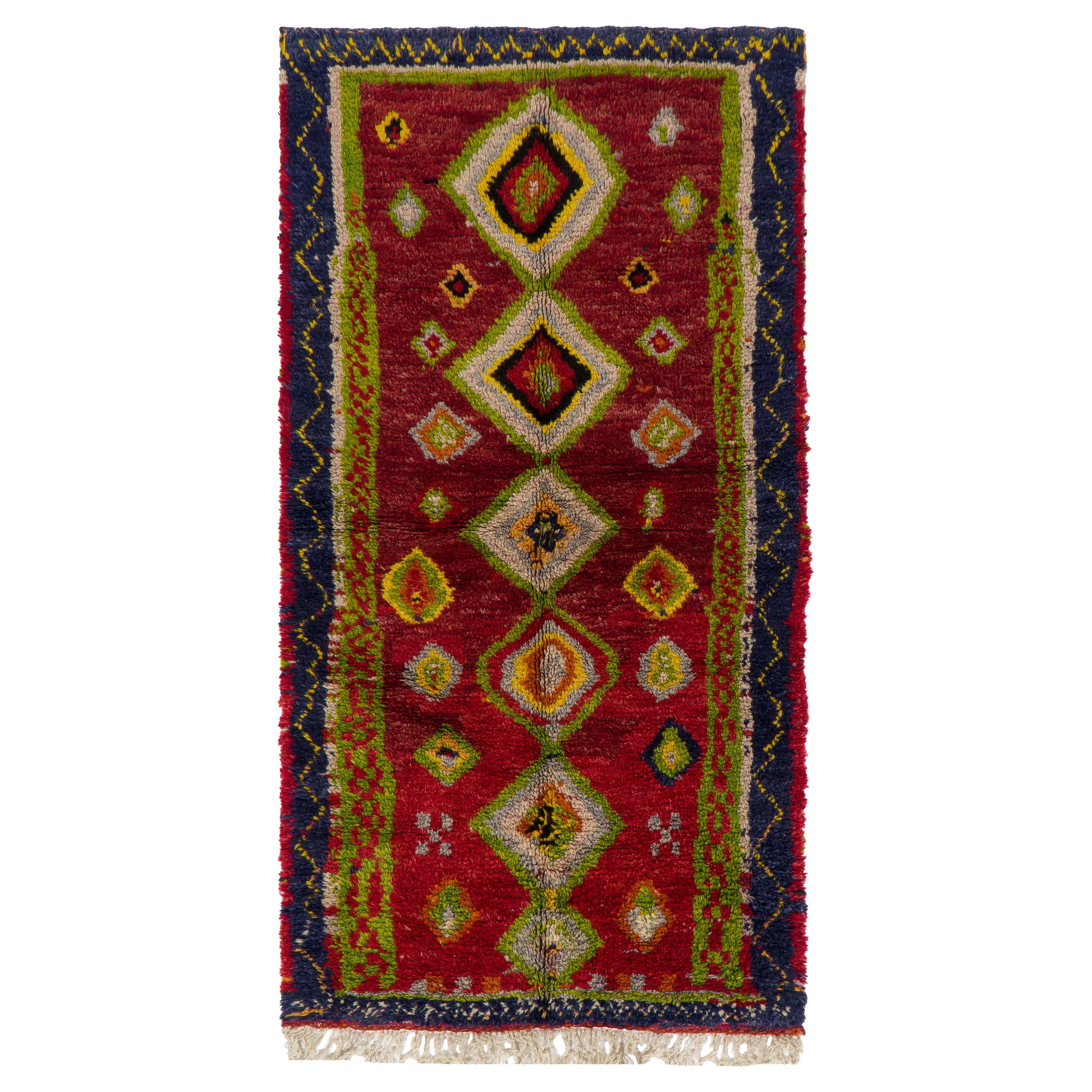 4x7.6 ft Hand-Knotted Tulu Rug with Moroccan Design and Red Field. 100% Wool