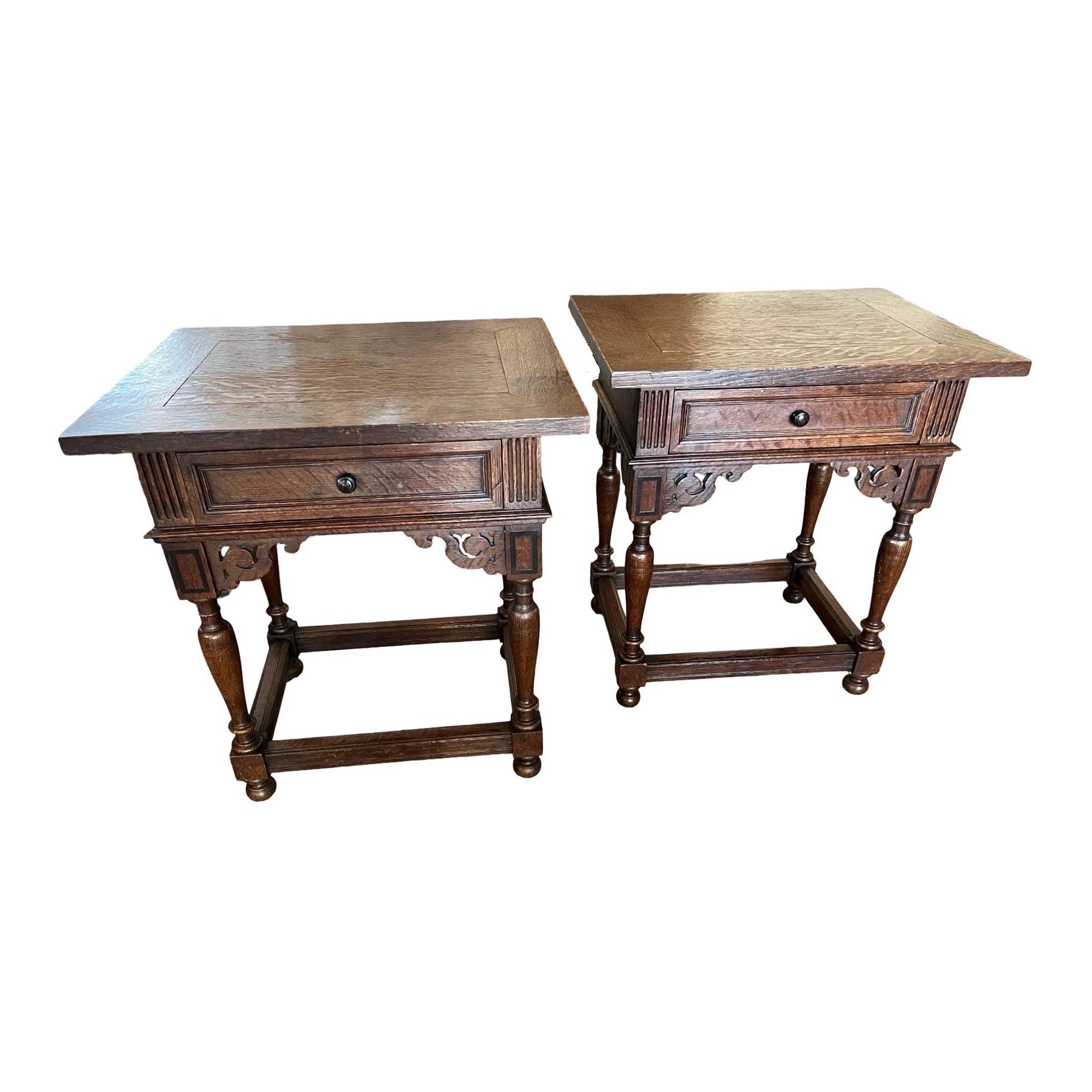 Bedside tables hand-made in the Netherlands in the early 1900s using oak and pegged construction. The tables are small in size and, therefore, perfect for a wall where one does not have much space next to the bed, or sofa. The tables feature a