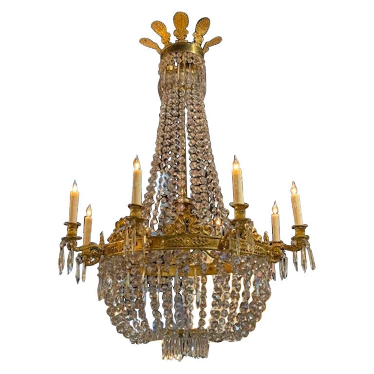 French Empire Gilt Bronze and Crystal Basket Chandelier For Sale