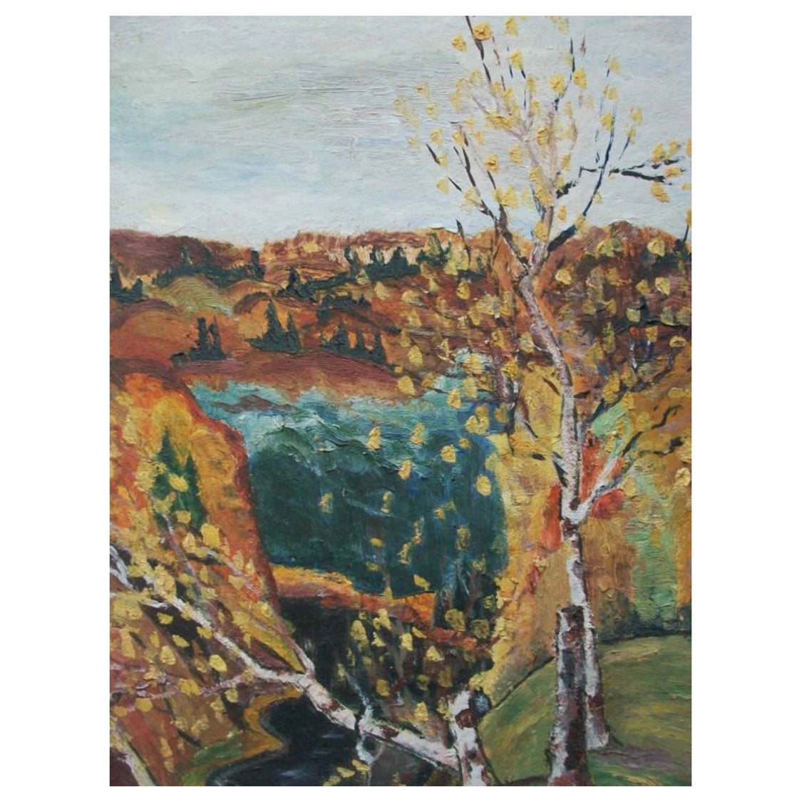 Vintage Folk Art Landschaft Ölgemälde auf Panel - initialisiert - Mitte des 20.