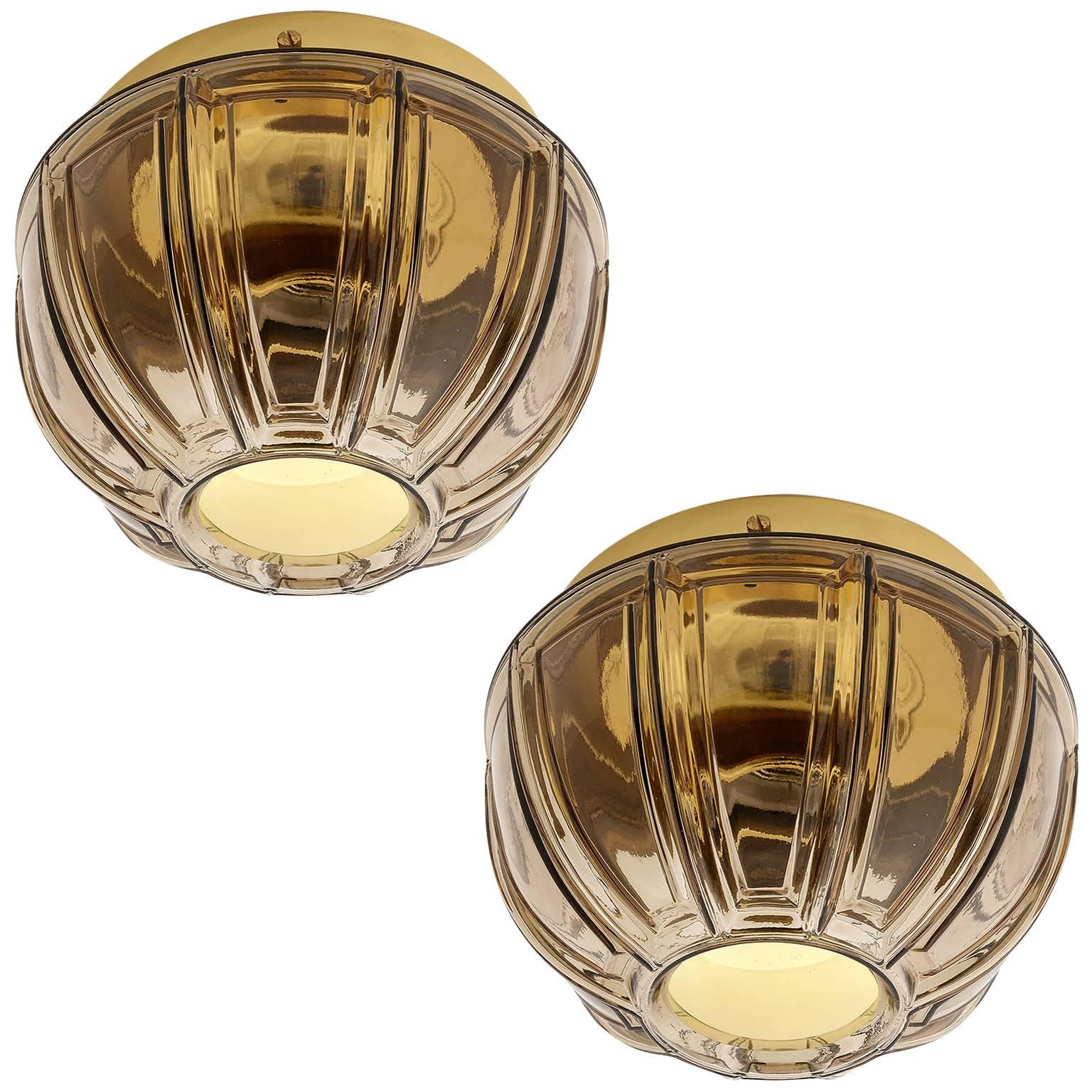 Pair of Limburg Flush Mount Lights or Sconces, Brass and Brown Glass, 1970