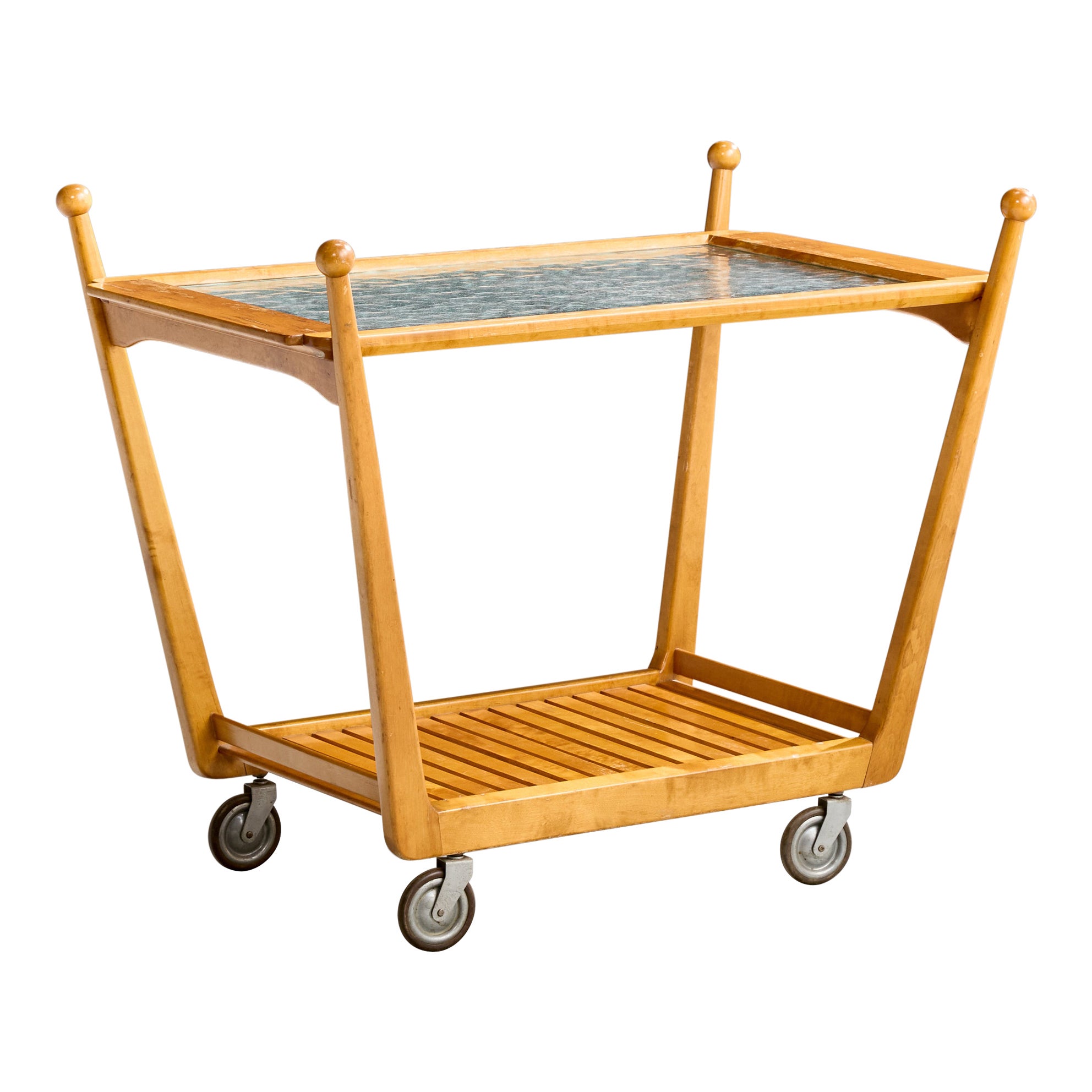 Diseñador sueco, carrito de té, abedul, cristal, metal, Suecia, años 40 en venta
