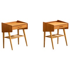Swedish Designer, Nightstands, Teak, Birch, Raffia, Sweden, 1950s