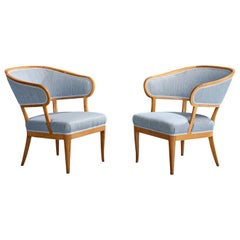 Carl Malmsten, Lounge Chairs, Walnut, Fabric, Sweden, 1950s
