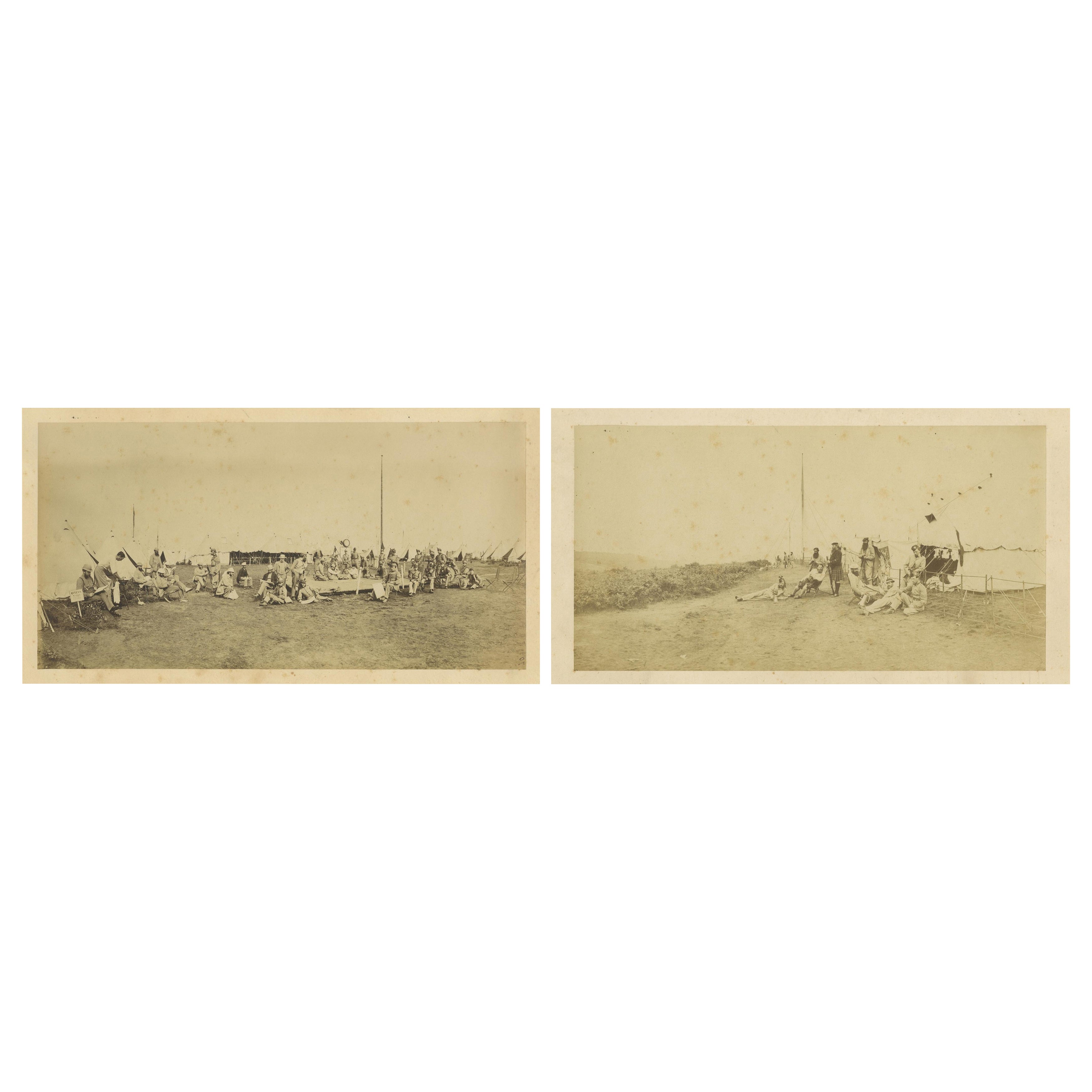 British Army Camp Scenes – Highland and Queen’s Regiments, 19th Century Pair For Sale