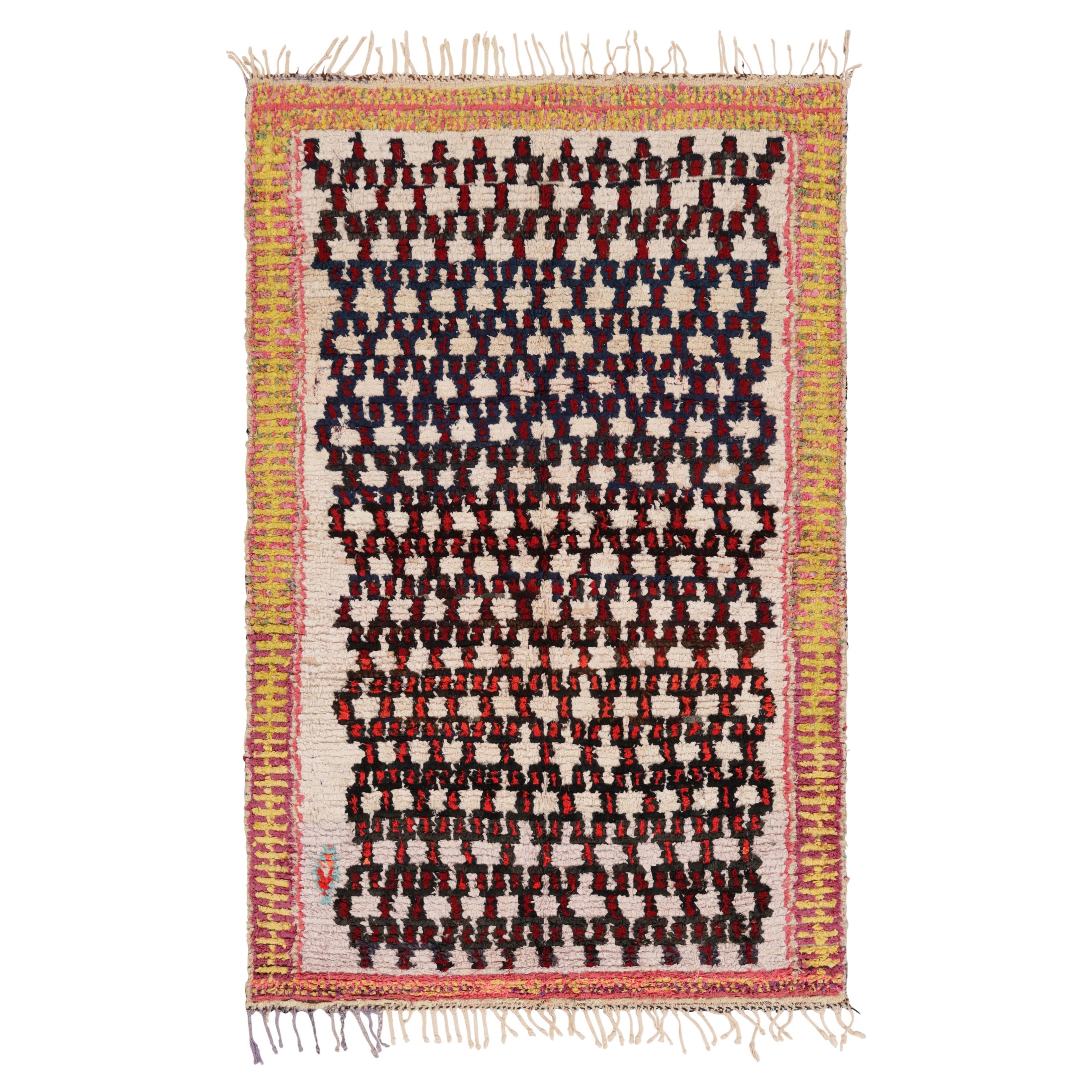 Vintage Moroccan Rug in Red and Cream with Geometric Patterns - Rug & Kilim For Sale