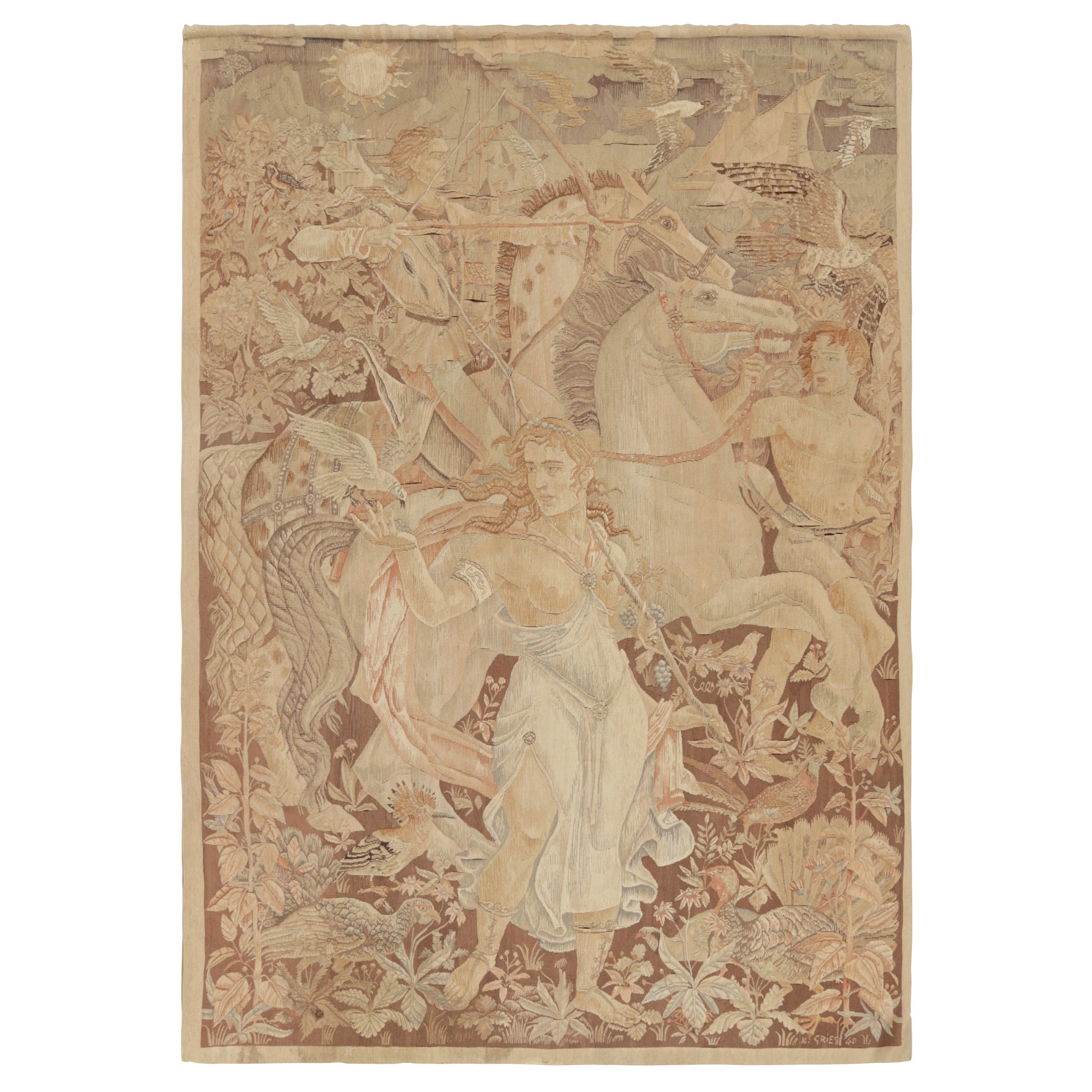 Antique Karl Gries Tapestry in Beige with Pictorial Hunting Scene - Rug & Kilim For Sale