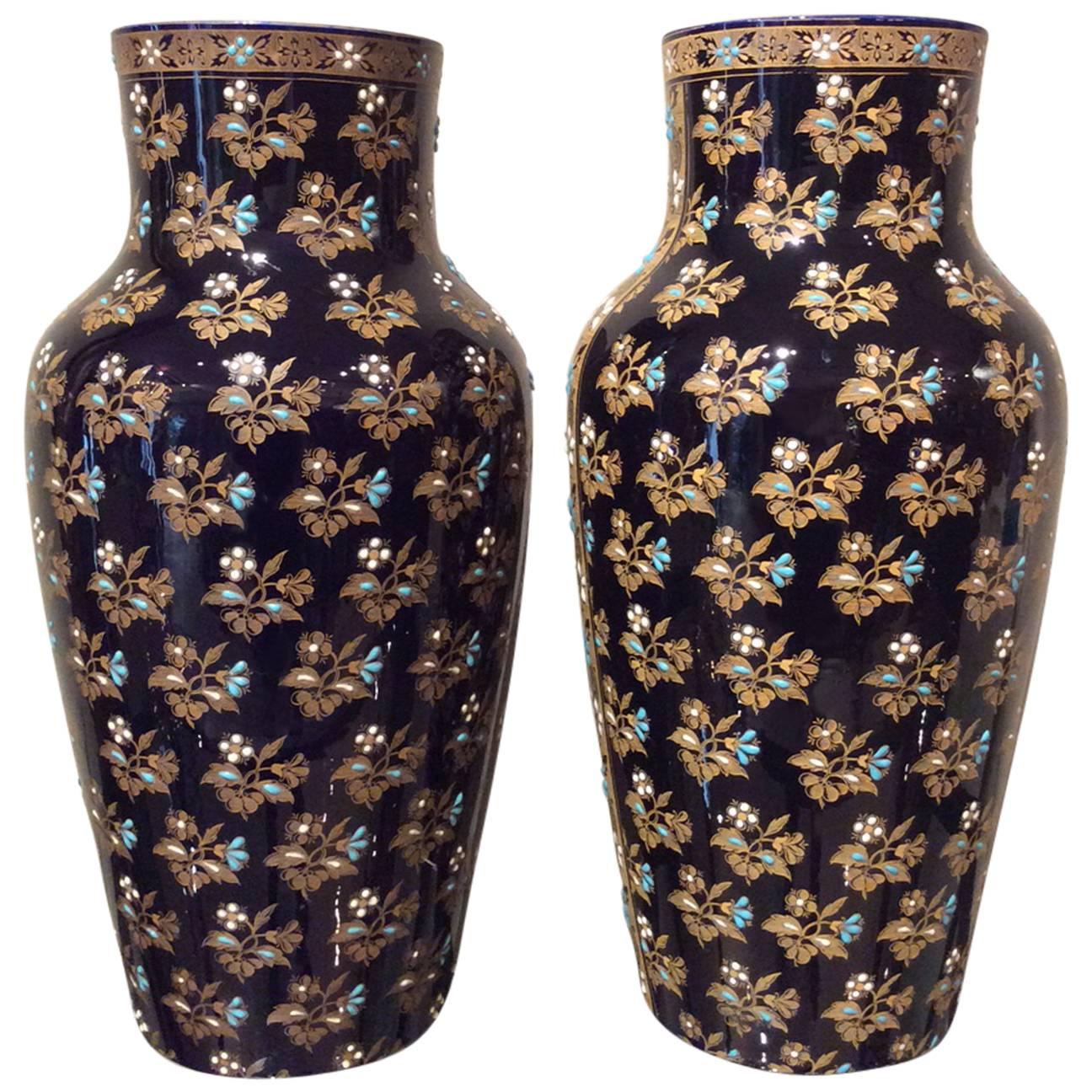Pair of Gien Porcelain Vases with Floral Enamel Decor, 19th Century