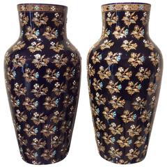 Antique Pair of Gien Porcelain Vases with Floral Enamel Decor, 19th Century