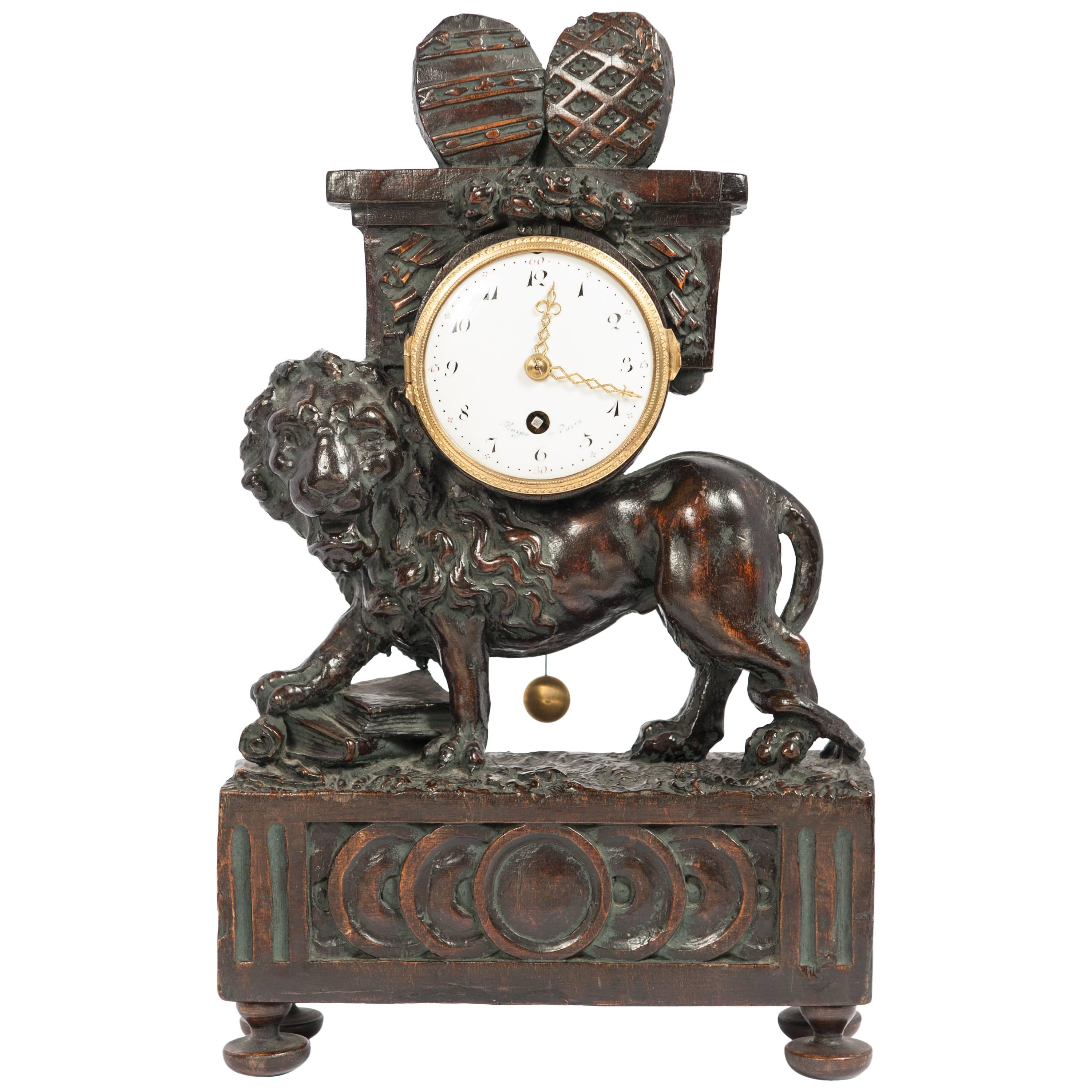 Nice French Louis XVI Small Wooden Lion Pendule, circa 1770 For Sale