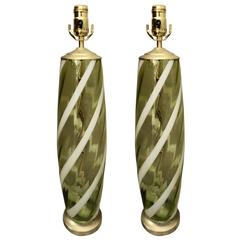 Pair of Mid-Century Italian Murano Glass Celadon Striped Table Lamps 8