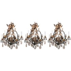 Wonderful Set Three 3 Bagues French Eight Light Rock Gilt Crystal Chandeliers