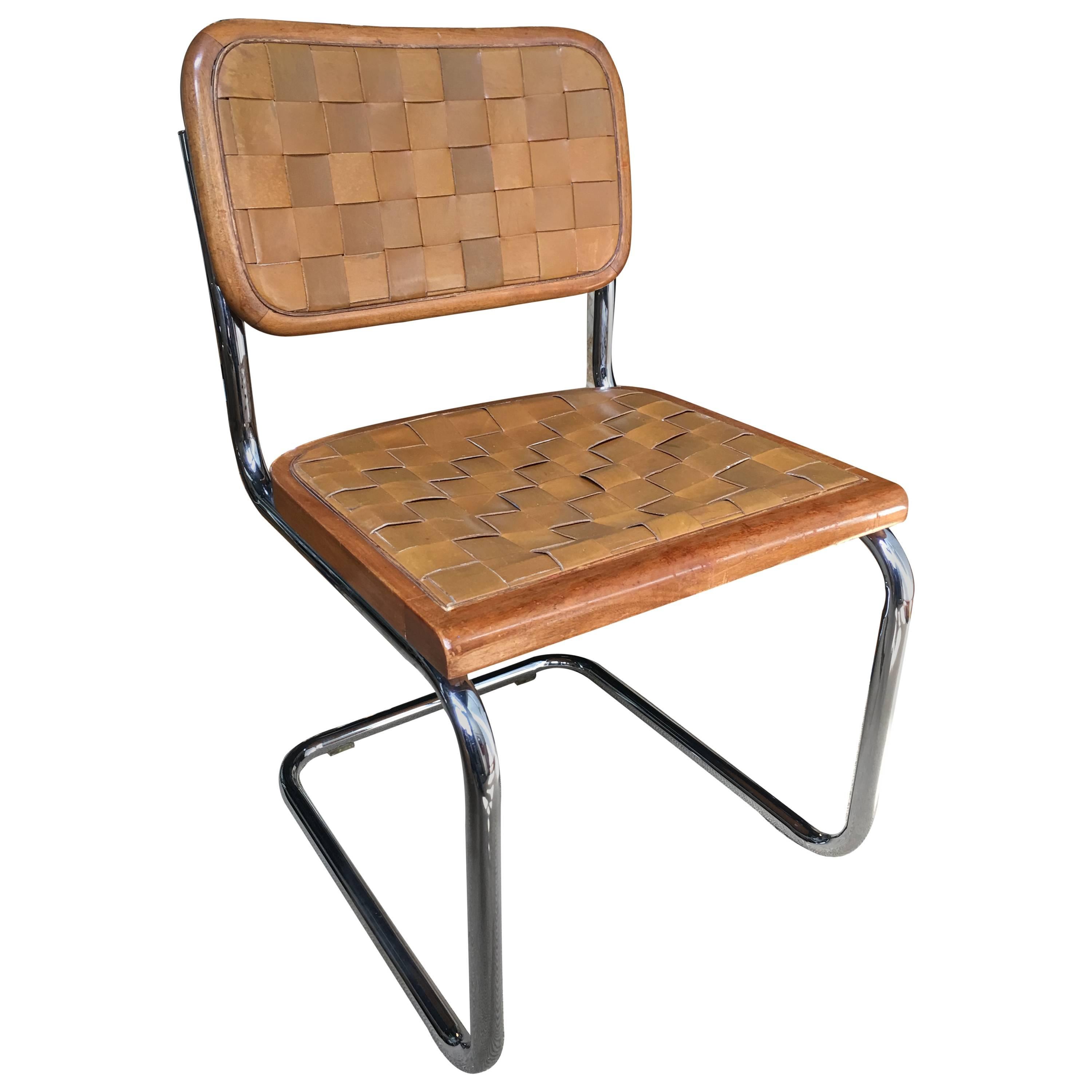 Mid-Century Modern Cantilevered Leather Chair, Marcel Breuer Style