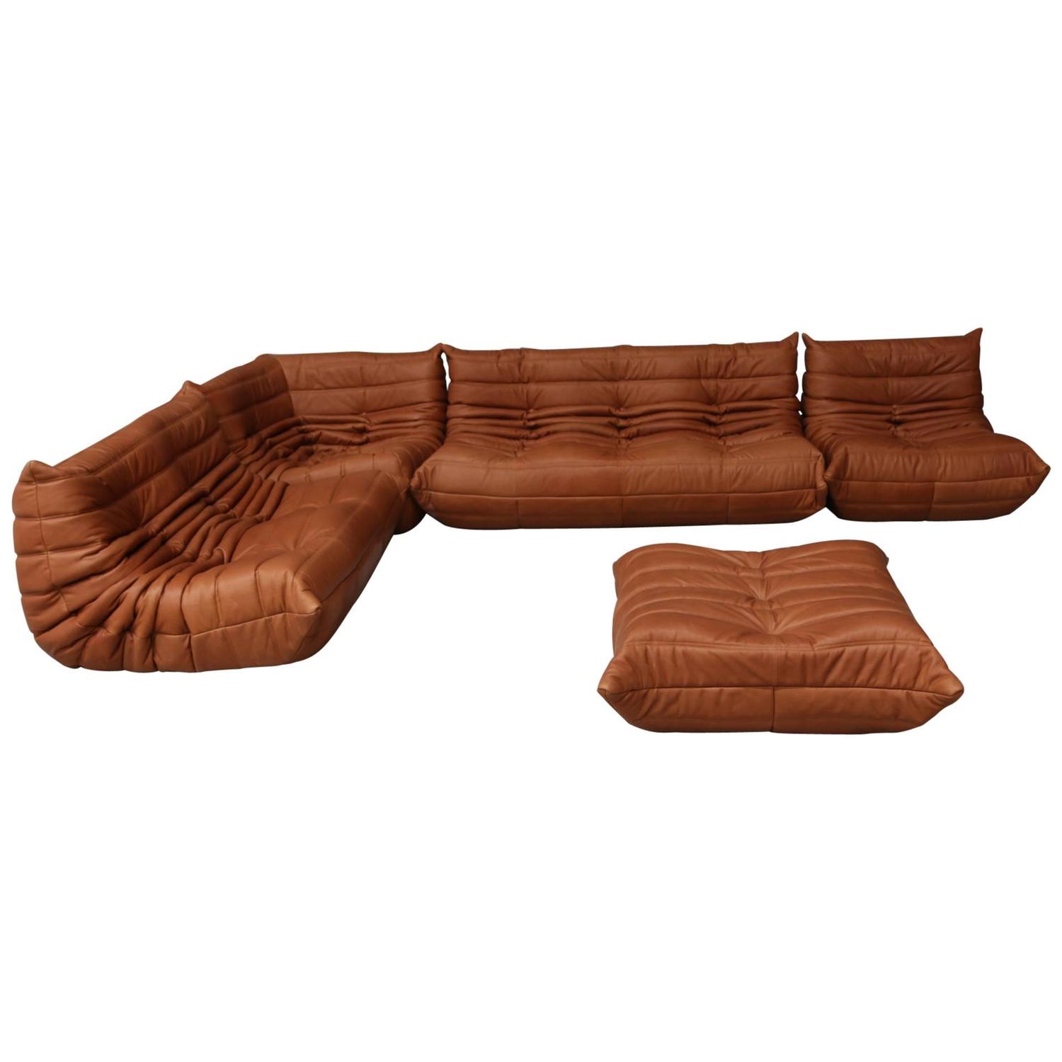 Vintage Ligne Roset Togo Set Reupholstered in Vintage Cognac