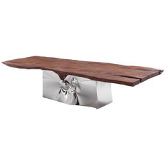 Dining Table LAGUNA, top in  KAURI wood, sculptured base in forged steel