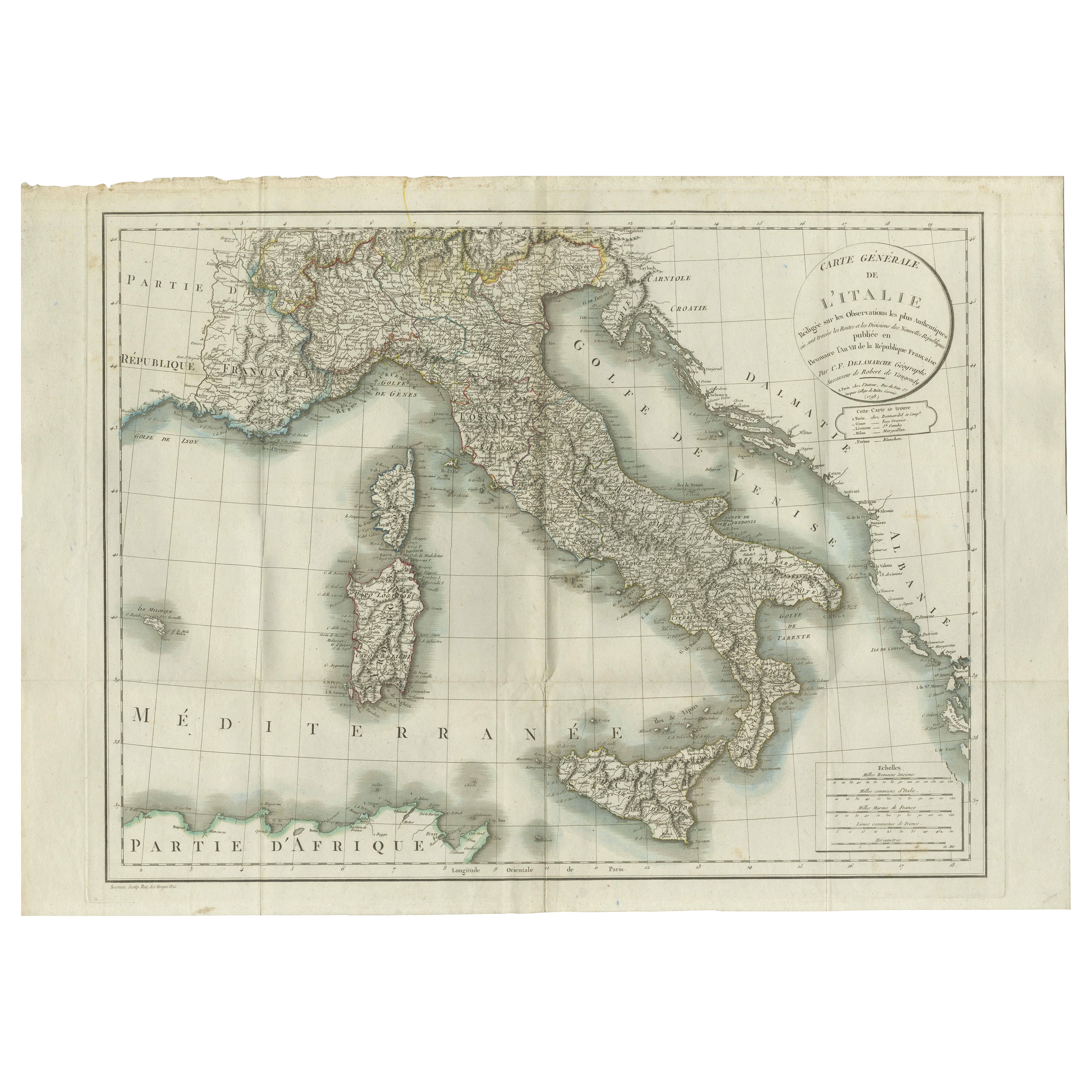 Map of Italy and Neighboring Regions by Delamarche – Antique Map, c.1800 For Sale